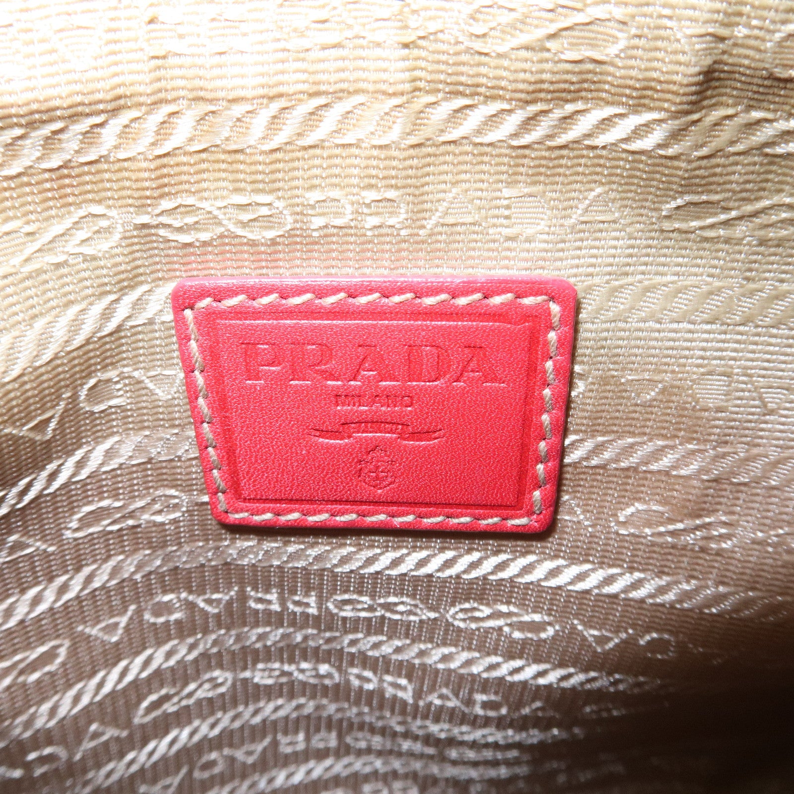 PRADA Logo Jacquard Leather Shoulder Bag Beige Red Used