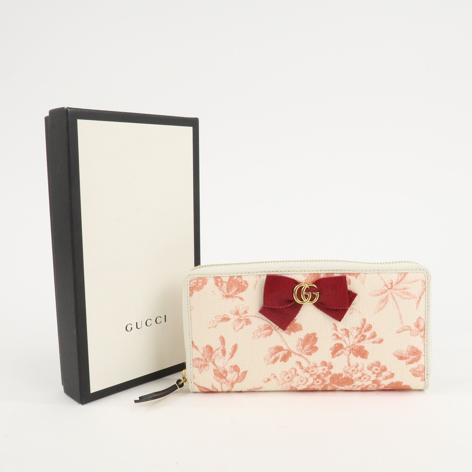 GUCCI GG Marmont Canvas Leather Floral Pattern Round Zipper Wallet Used