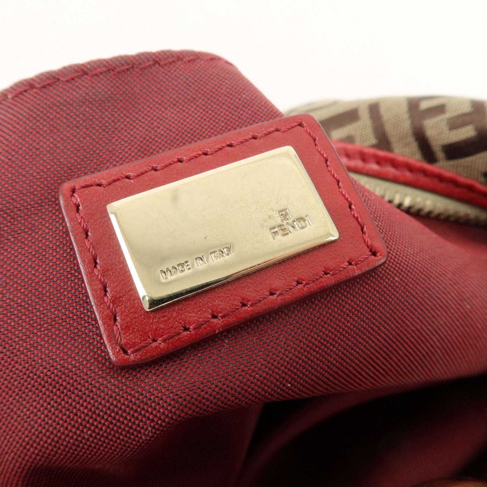FENDI Zucchino Canvas Leather Shoulder Bag Khaki Brown Red 8BR465 Used