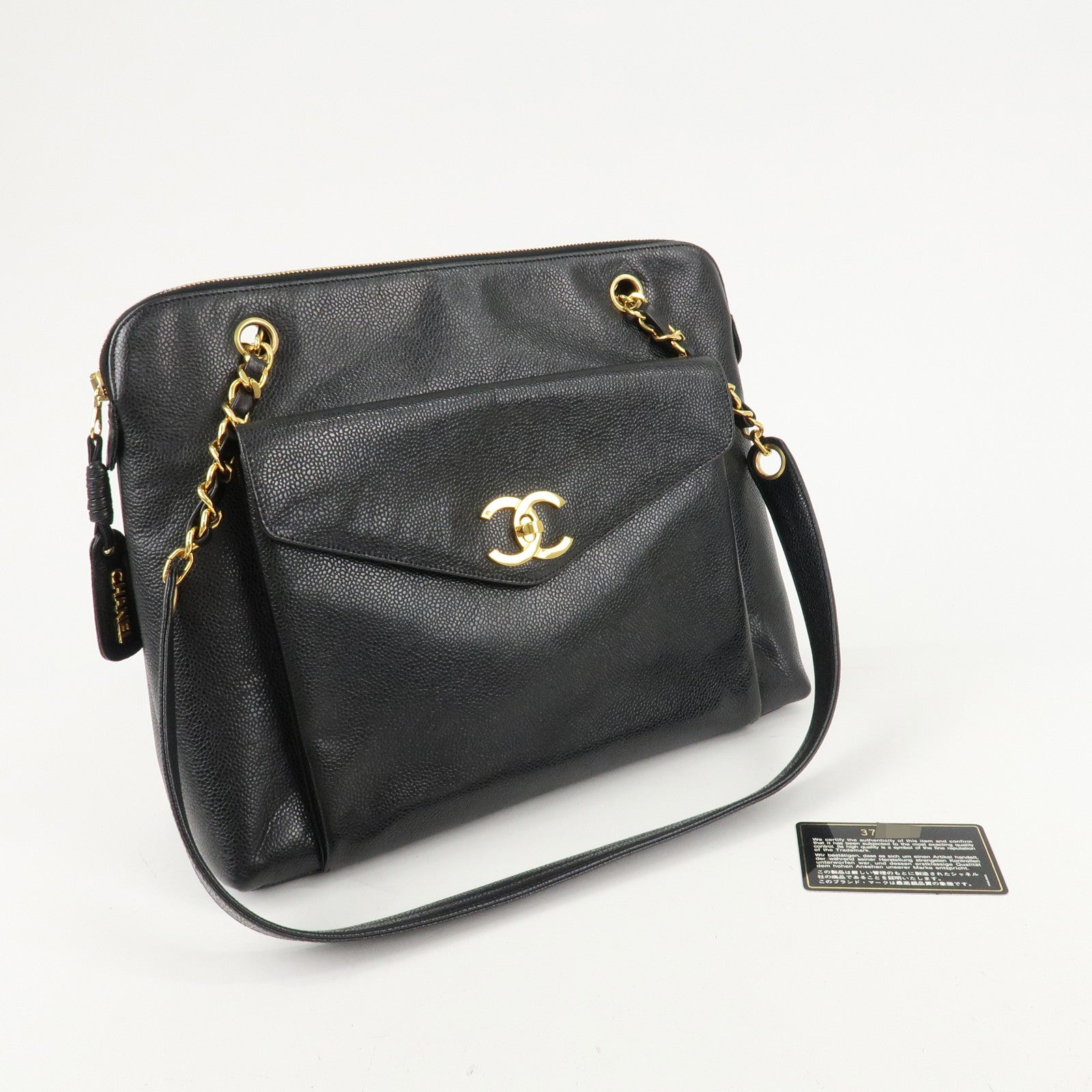 CHANEL COCO Mark Caviar Skin Chain Tote Bag Black Gold Used