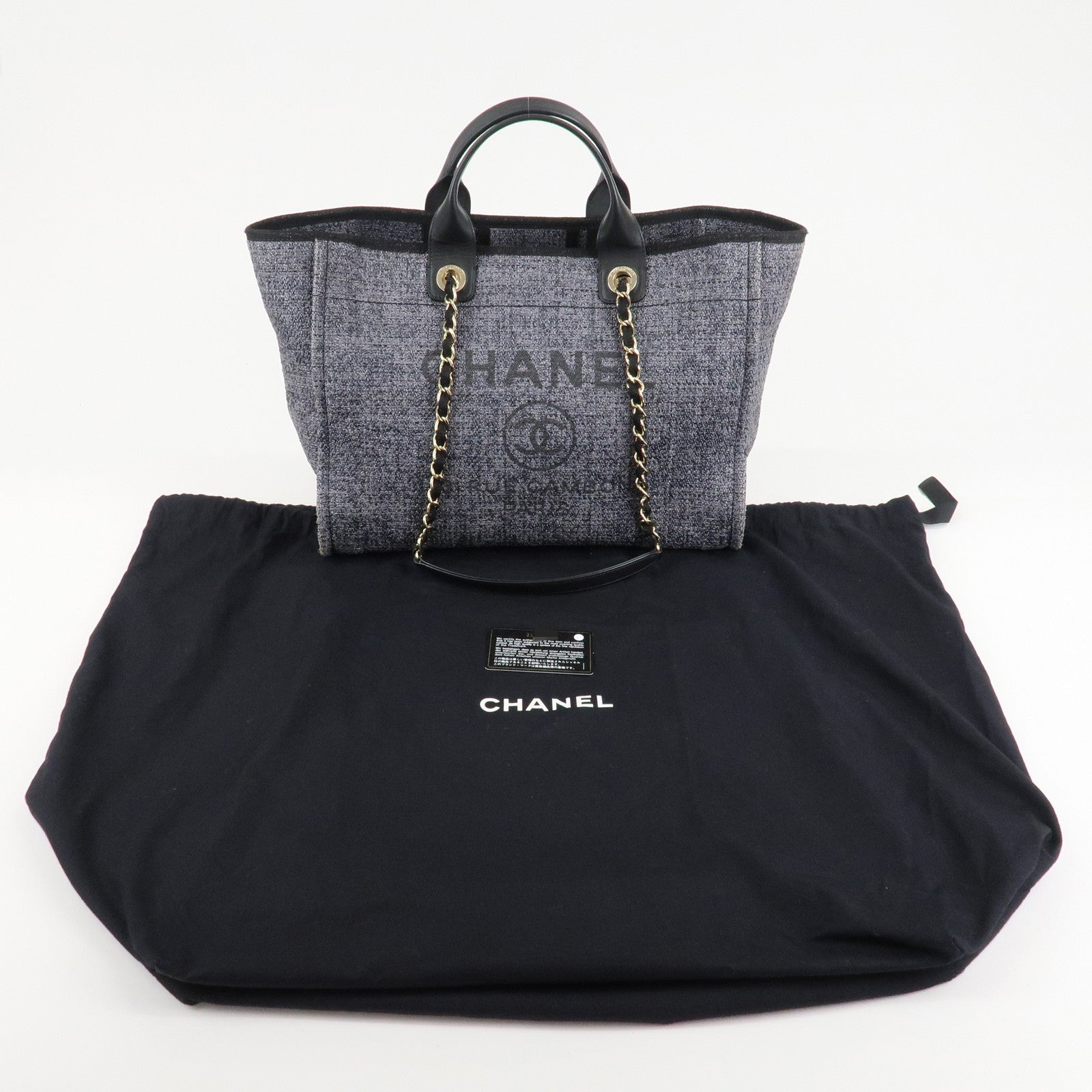 CHANEL Deauville Raffia Leather Chain Tote Bag GM A66941 Navy Used