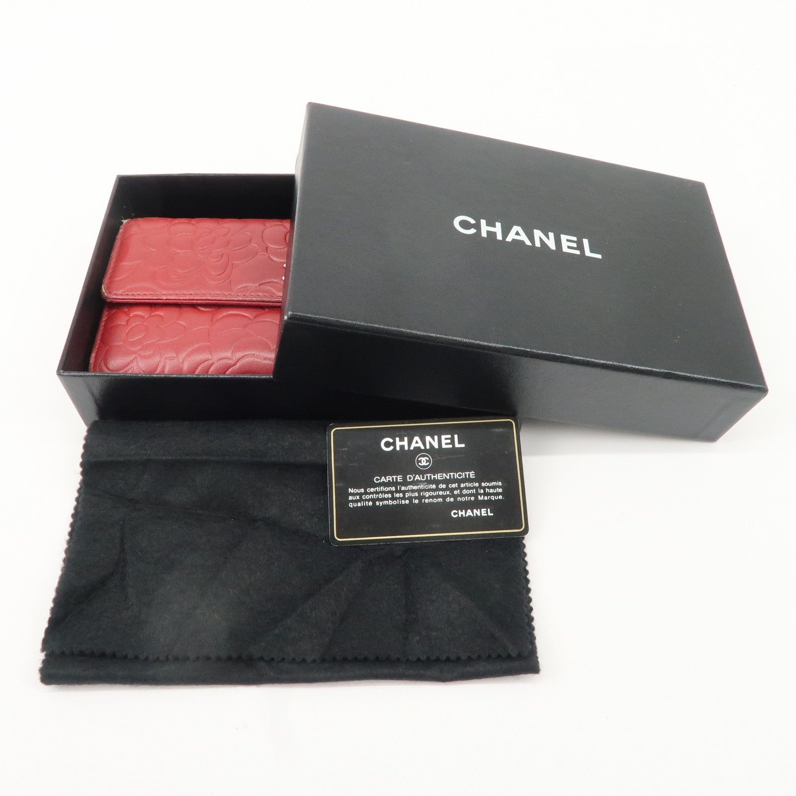 CHANEL Camelia Lamb Skin Bi-fold Long Wallet Red Used