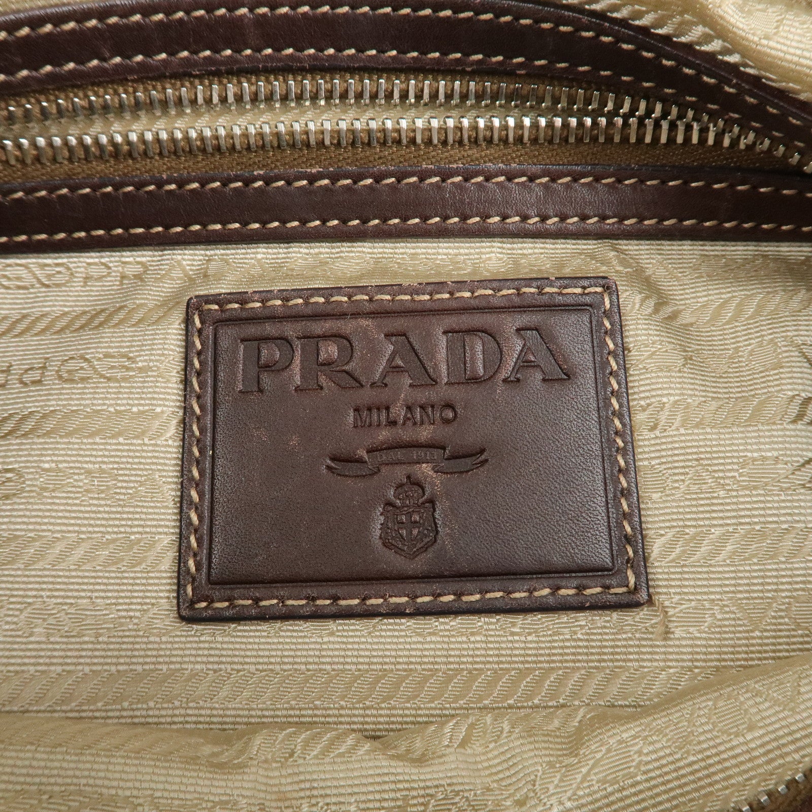 PRADA Logo Jacquard Leather Shoulder Bag Beige Brown Used