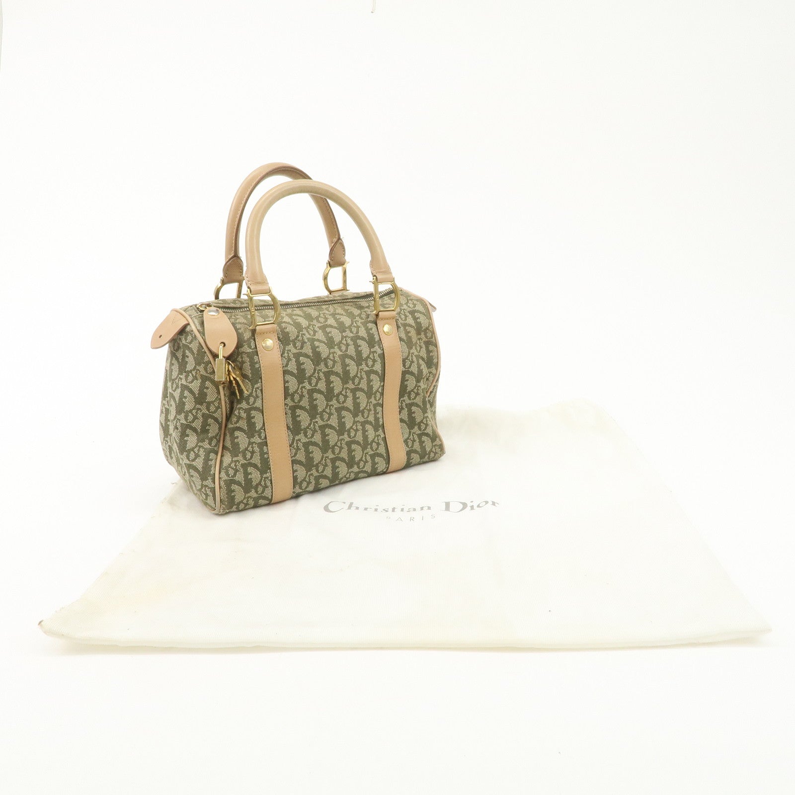 Christian Dior Trotter Canvas Leather Boston Bag White Khaki Used
