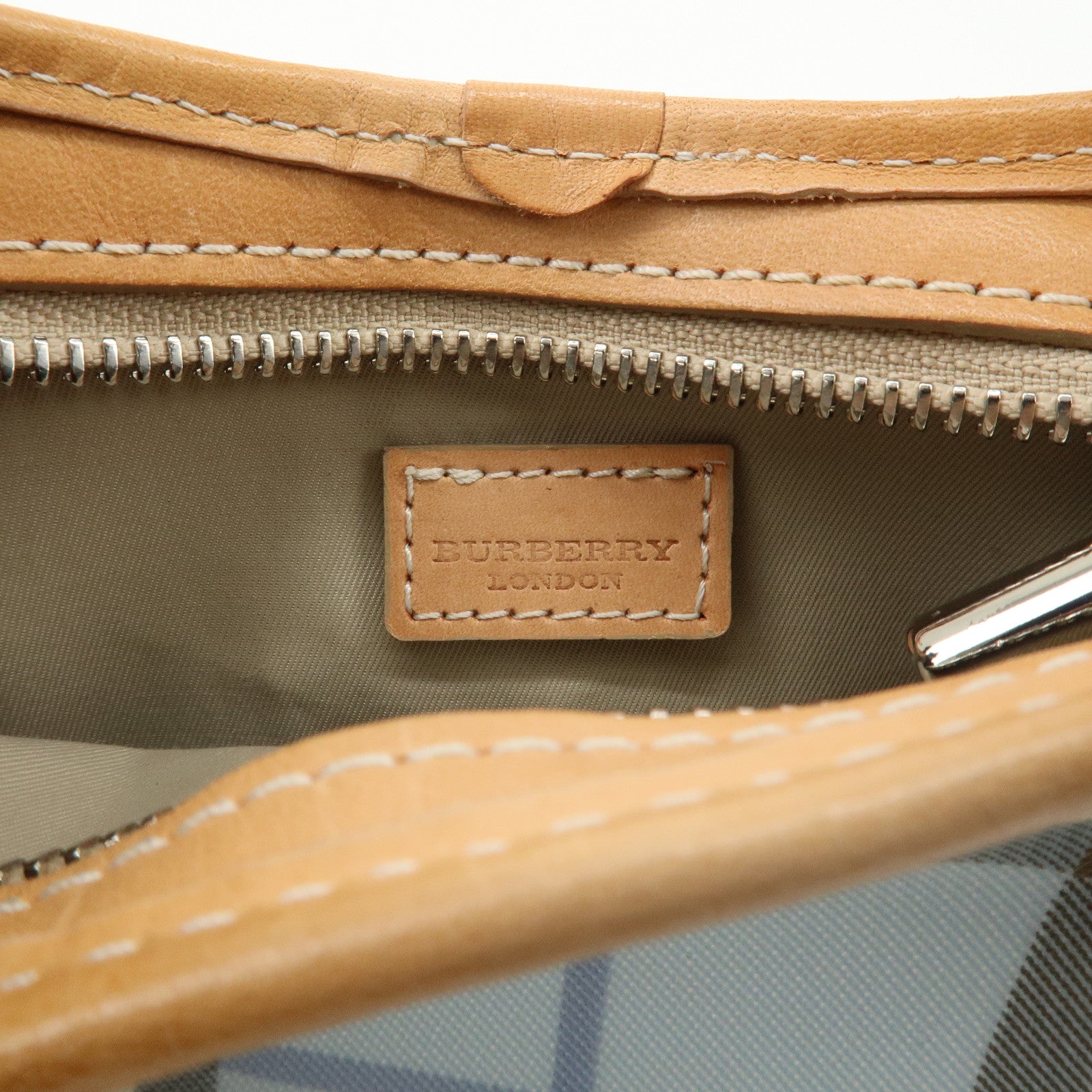 BURBERRY PVC Leather Nova Plaid Shoulder Bag Hand Bag Beige Blue Used