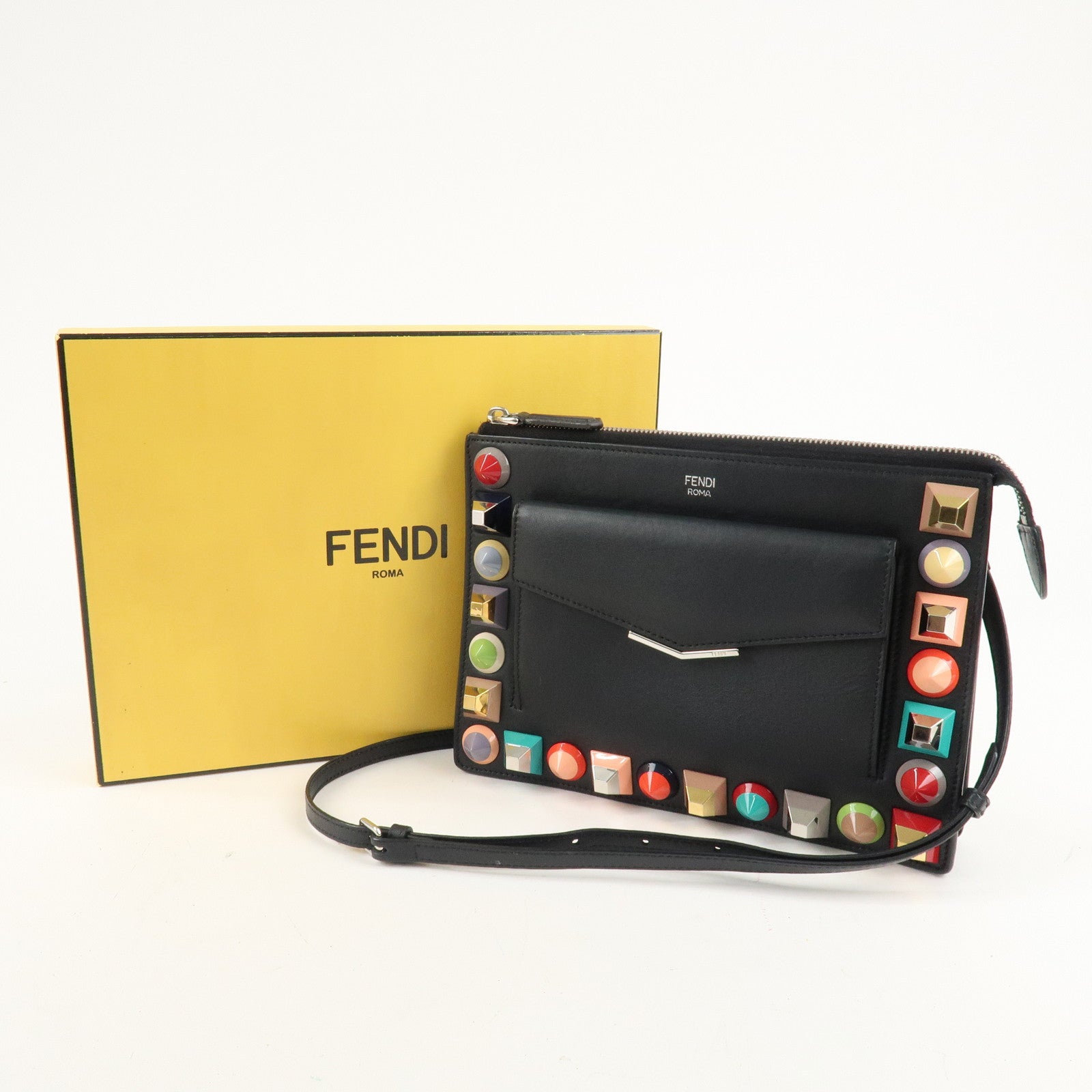 FENDI Leather Toujours Multi-Studs Shoulder Bag Black 8M0369 Used