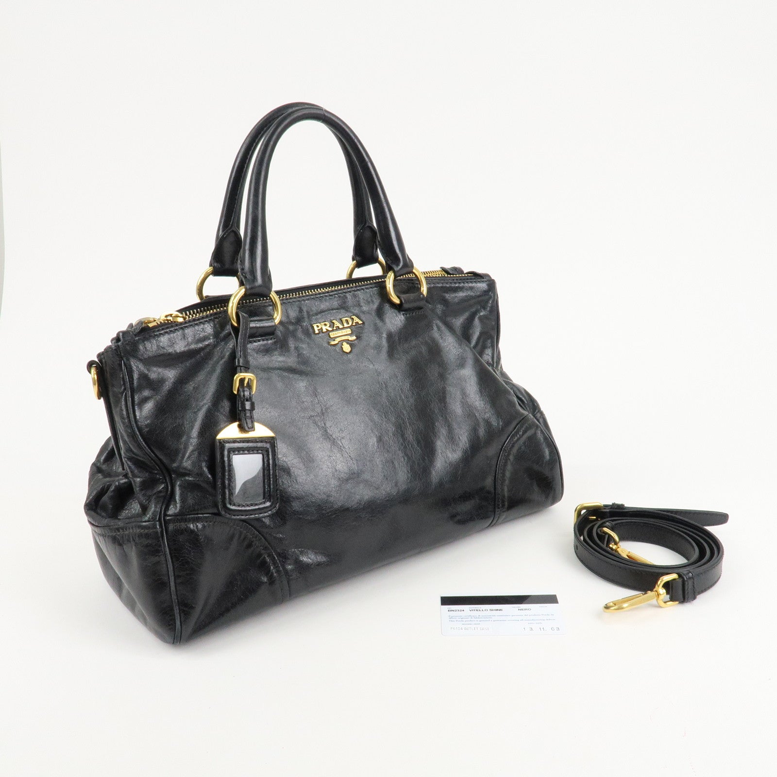 PRADA Leather 2Way Hand Bag Shoulder Bag Black BN2324 Used