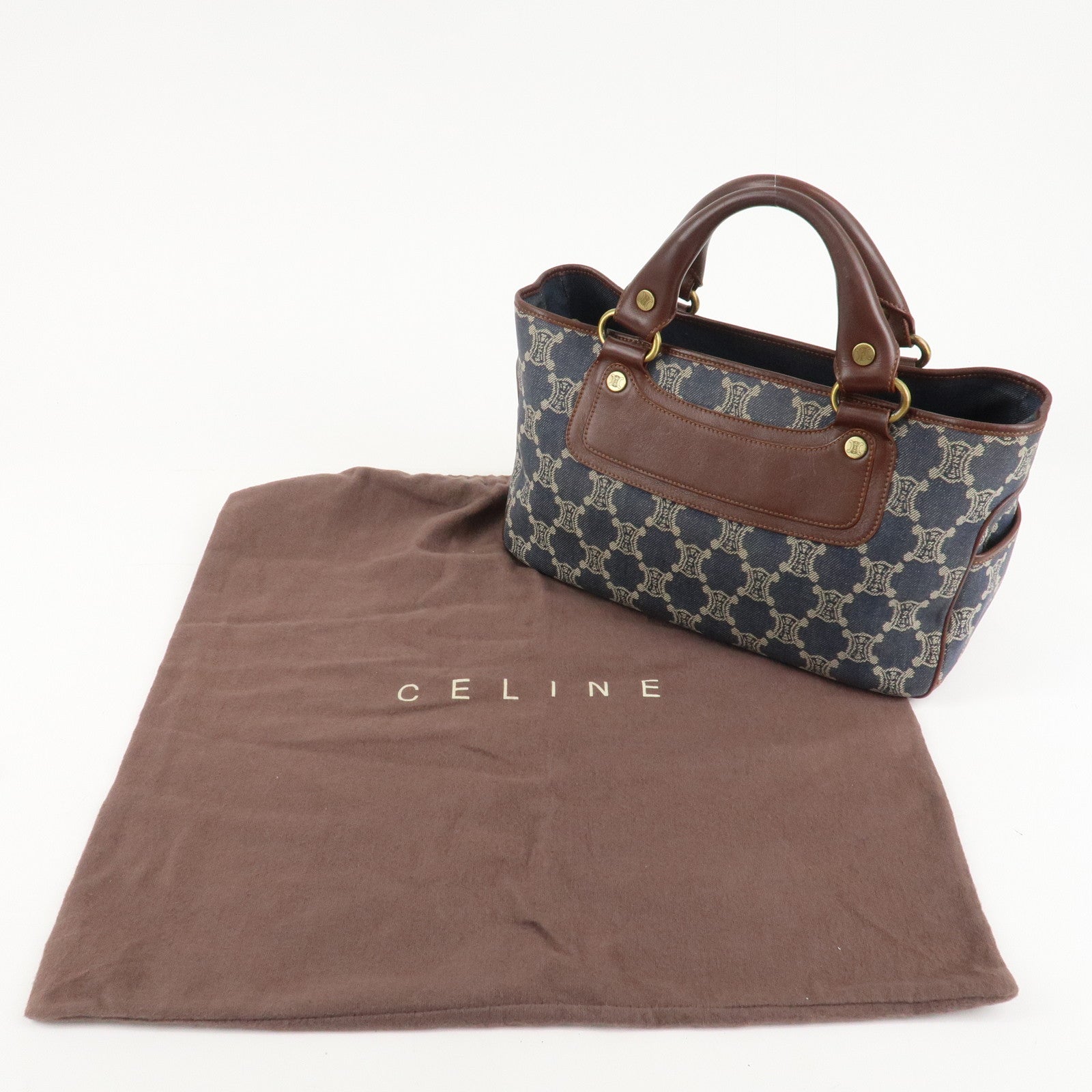 CELINE Macadam Denim Leather Boogie Bag Tote Bag Blue Brown Used