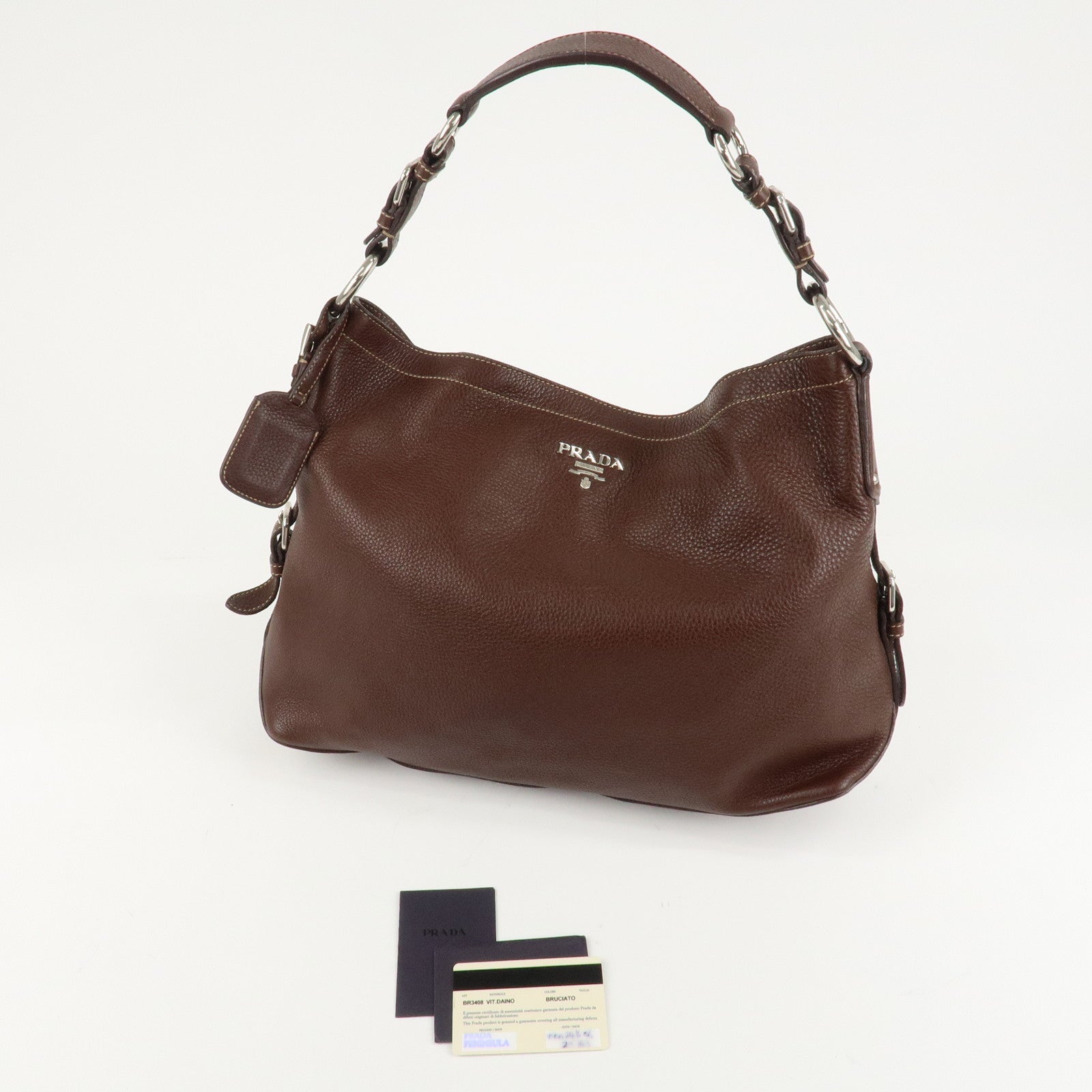 PRADA Leather Shoulder Bag Brown BR3408 Used