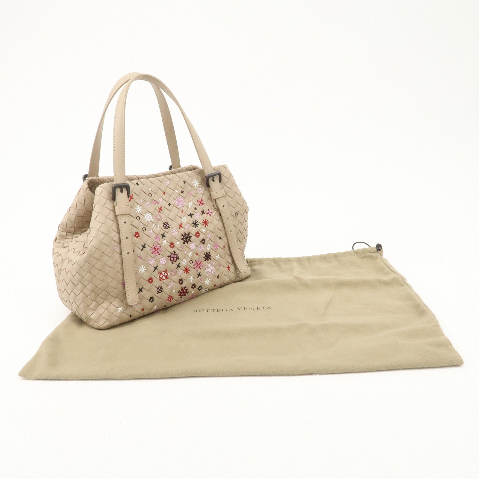 BOTTEGA VENETA Intrecciato Leather Embroidery Tote Bag Beige Used