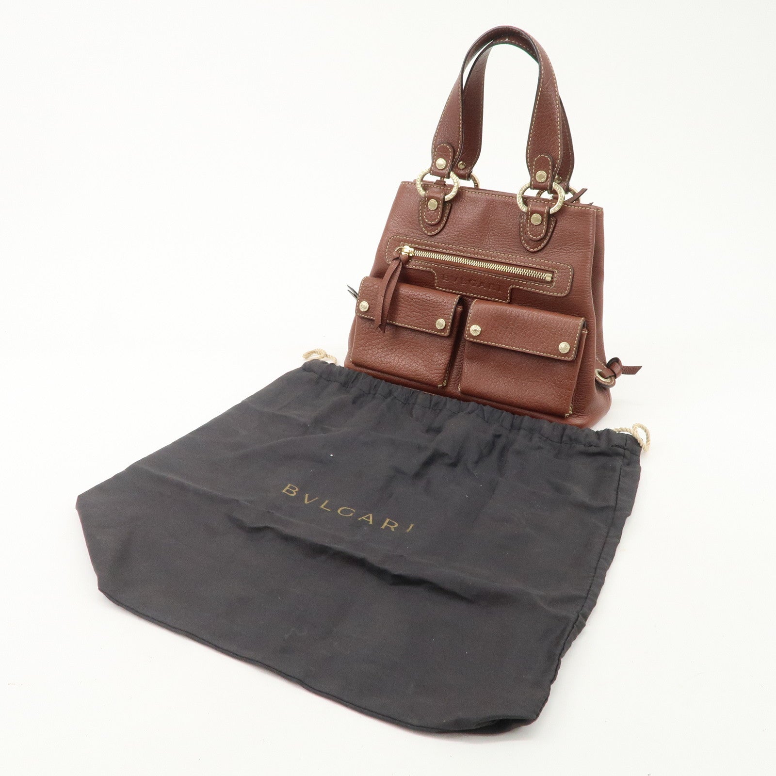 BVLGARI Leather Front Pocket Hand Bag Tote Bag Brown Used