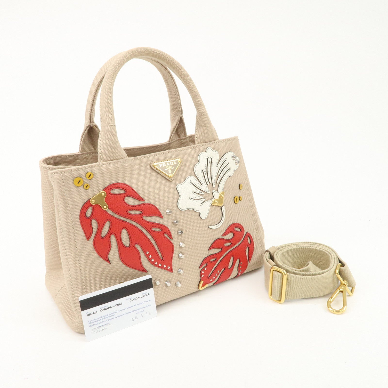 PRADA Hibiscus Canapa Mini Canvas Leather 2Way Bag Beige 1BG439 Used