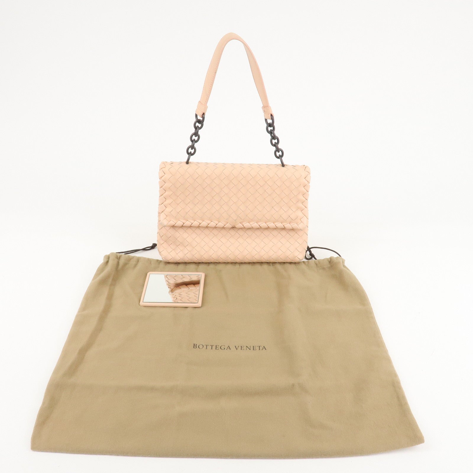 BOTTEGA VENETA Intrecciato Leather Chain Shoulder Bag Pink Beige Used