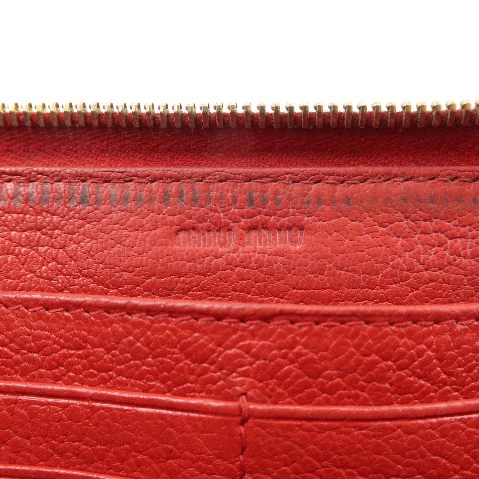 MIU MIU Leather Round Zipper Long Wallet Bijou Studs Red Used