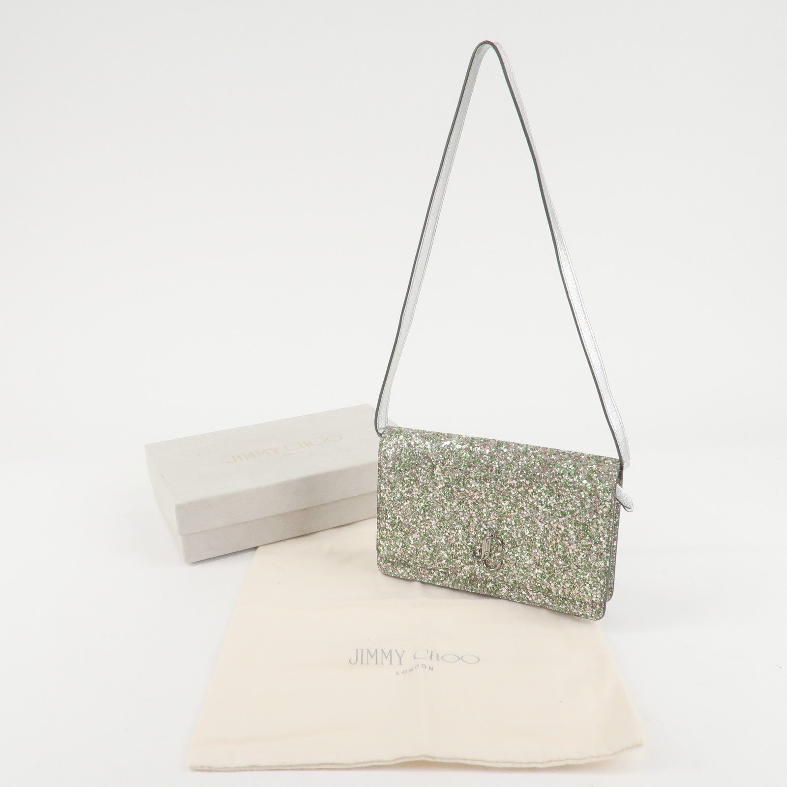 JIMMY CHOO Glitter Leather Shoulder Wallet Bag Green Silver Used