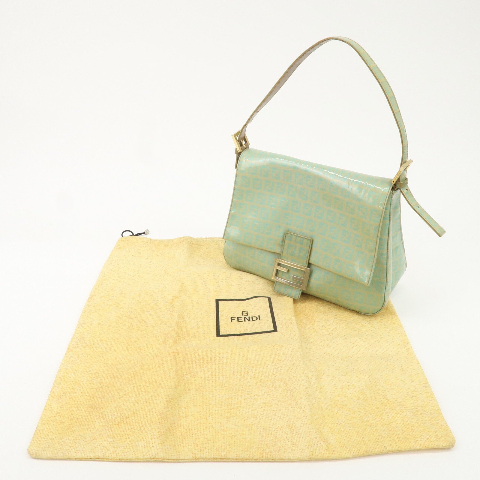 FENDI Zucchino Patent Leather Shoulder bag Beige Light Green Used