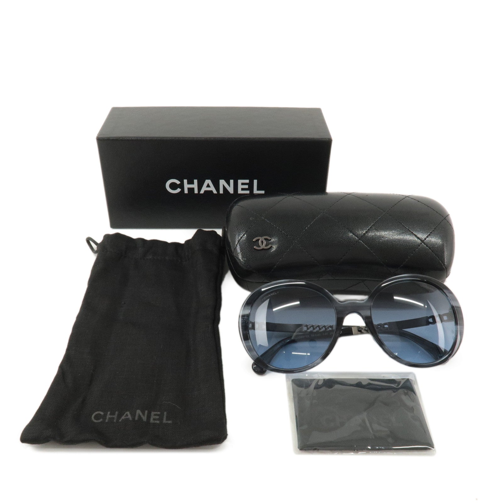 CHANEL Plastic Metal Chain Motif Sunglasses 56笆。20 140 Black 5353-A Used