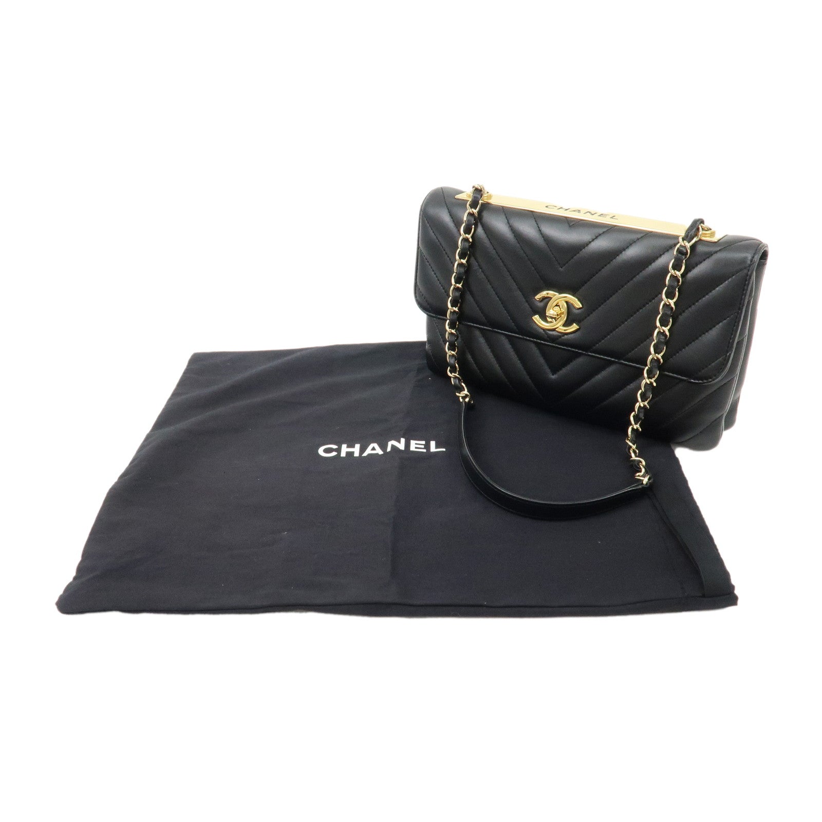 CHANEL V stich Lamb Skin Logo Plated Chain Shoulder Bag Black Used
