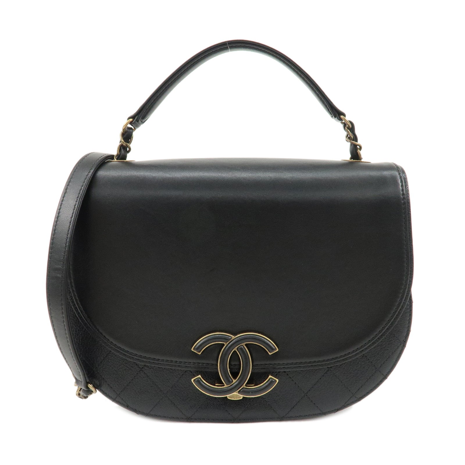 CHANEL-Matelasse-Lamb-Skin-2-Way-Bag-Hand-Bag-Shoulder-Bag-Black