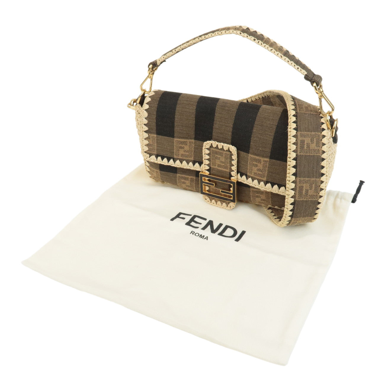 FENDI Mamma Baguette Zucca Pequin Raffia 2Way Bag Hand Bag 8BR600 Used