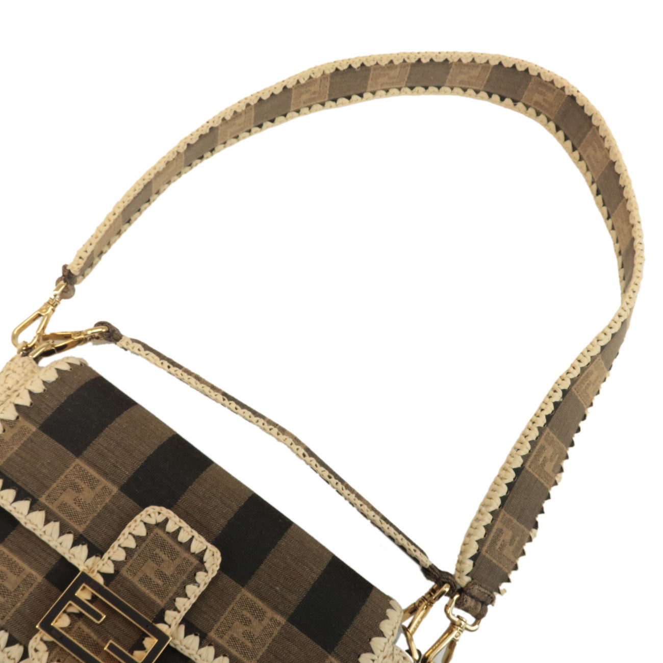 FENDI Mamma Baguette Zucca Pequin Raffia 2Way Bag Hand Bag 8BR600 Used