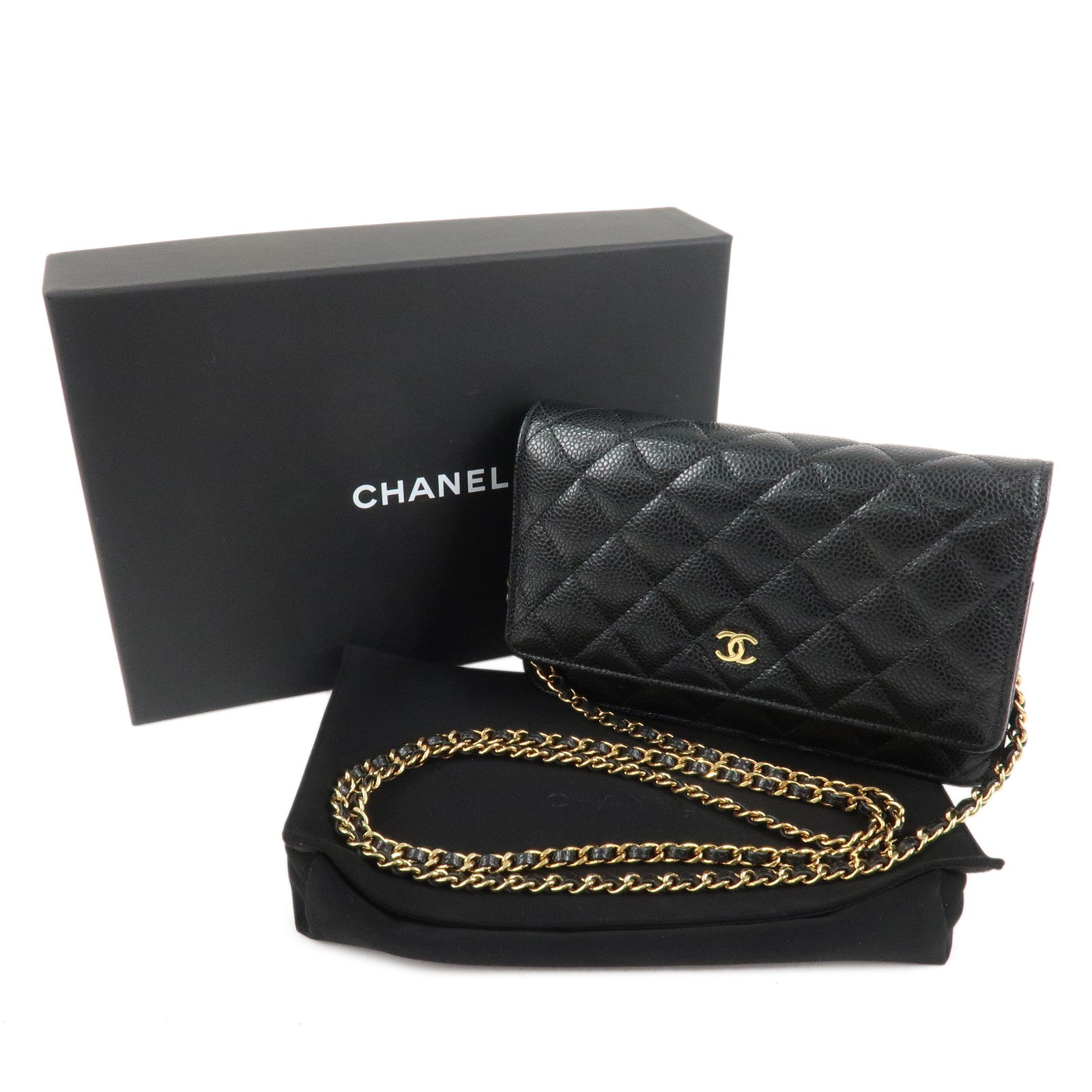 CHANEL Caviar Skin Chain Wallet Purse Shoulder Bag Black AP0250 Used