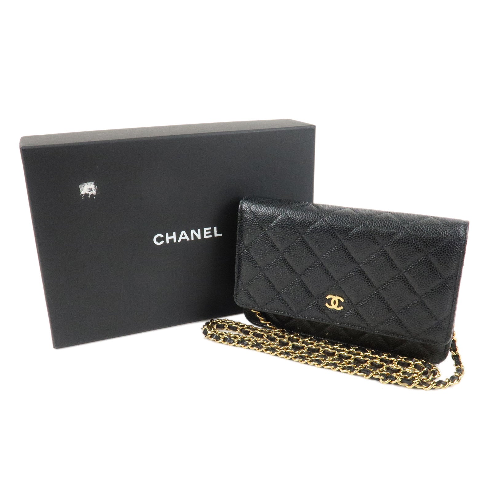 CHANEL Caviar Skin Chain Wallet Purse Black Shoulder Bag AP0250 Used