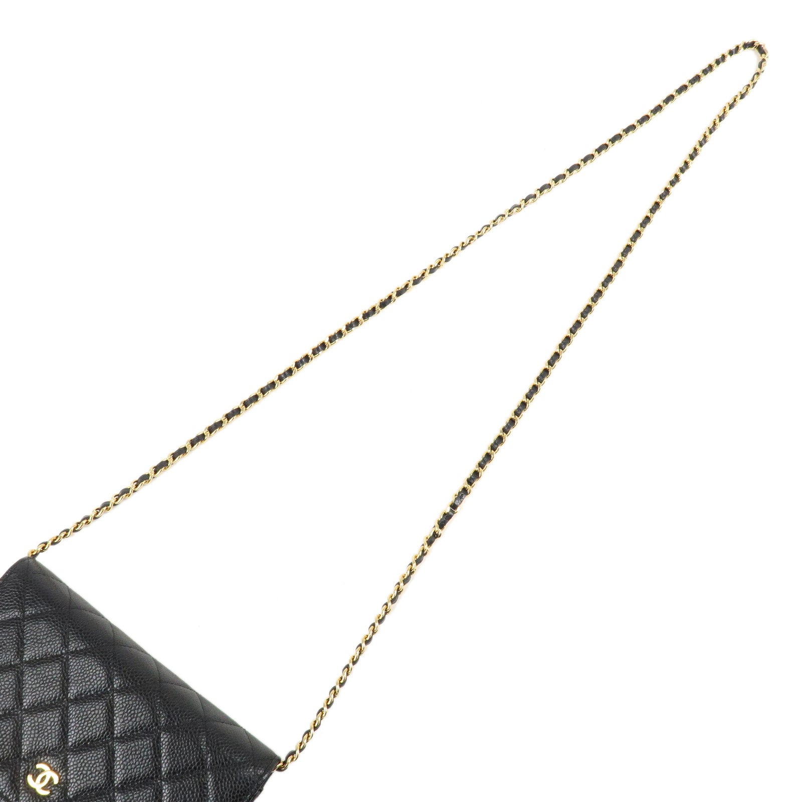 CHANEL Caviar Skin Chain Wallet Purse Black Shoulder Bag AP0250 Used