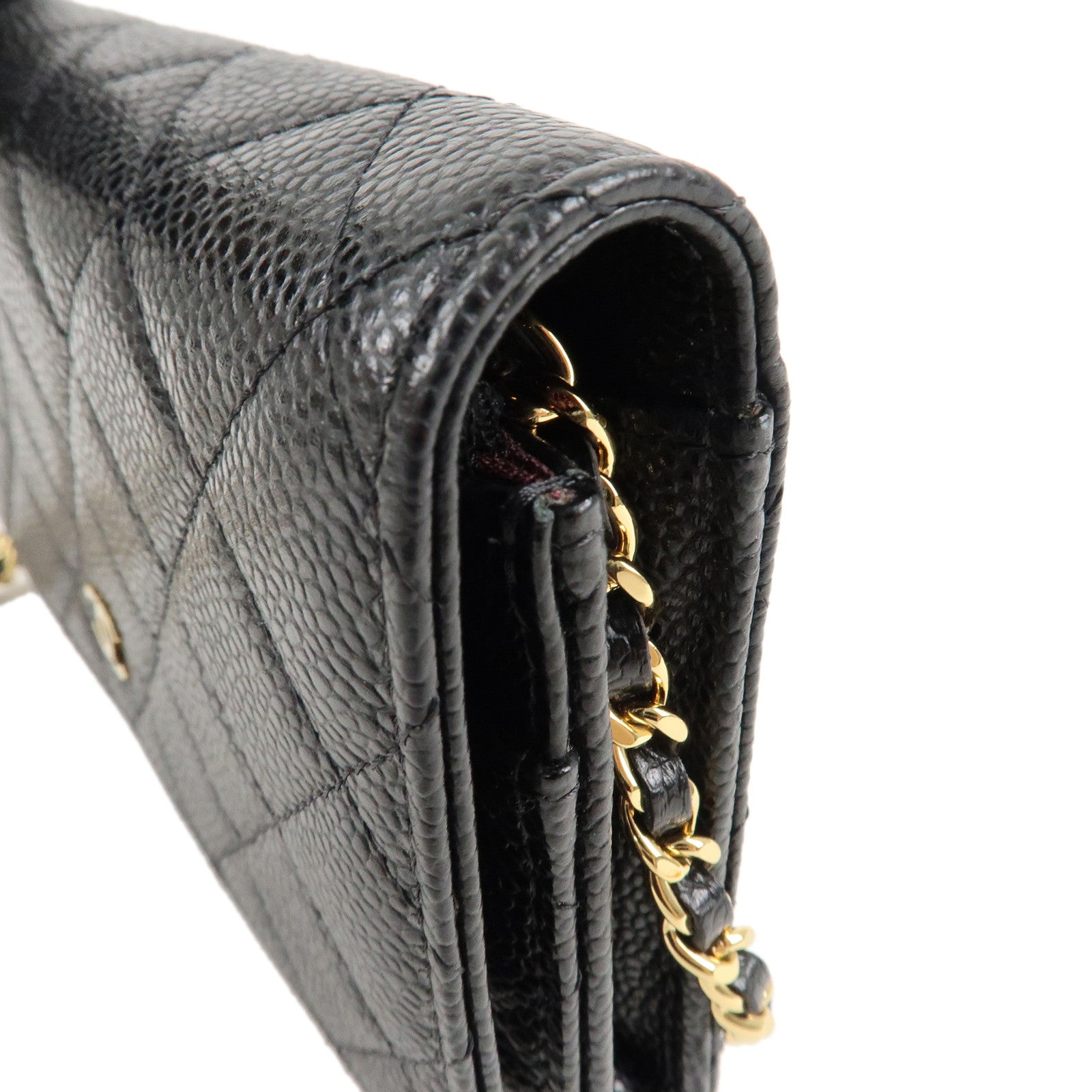 CHANEL Caviar Skin Chain Wallet Purse Black Shoulder Bag AP0250 Used
