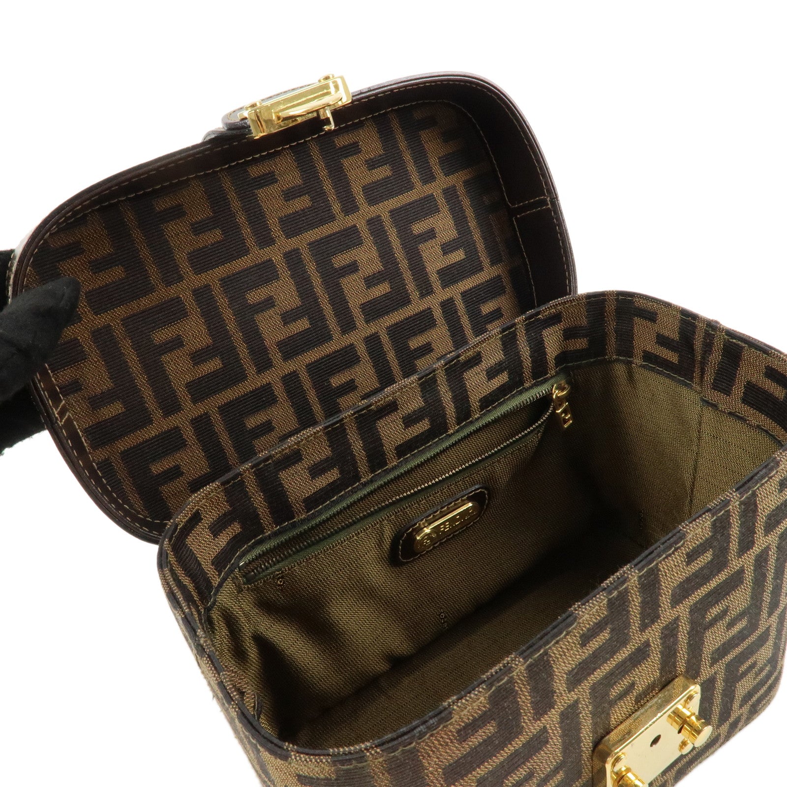 FENDI Zucca Canvas Leather 2Way Vanity Bag Brown Black 914931 Used