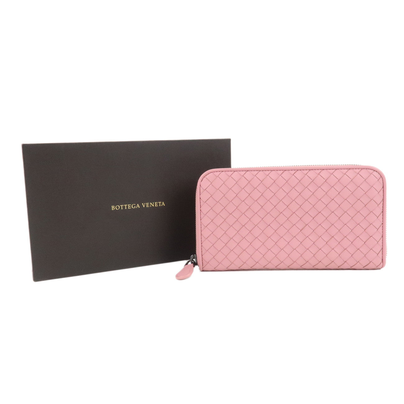 BOTTEGA VENETA Intrecciato Leather Round Zipper Wallet Pink Used