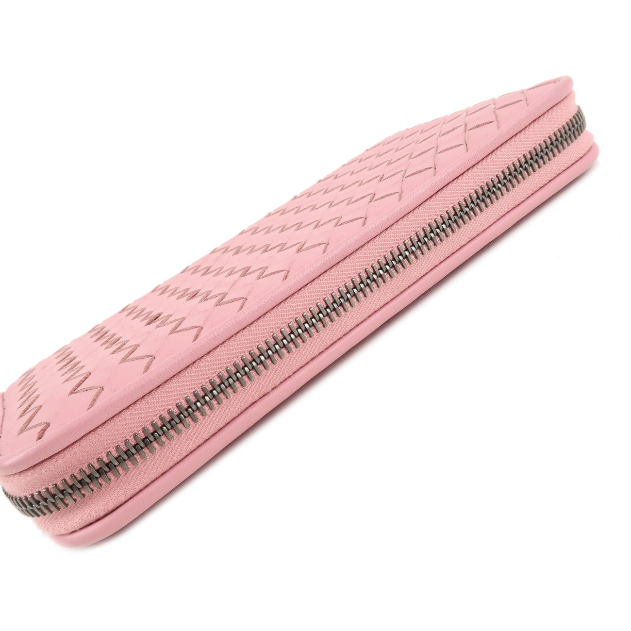 BOTTEGA VENETA Intrecciato Leather Round Zipper Wallet Pink Used