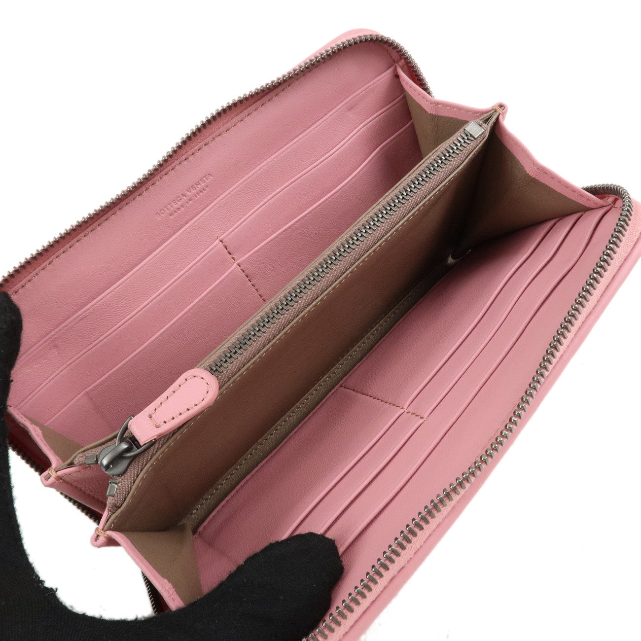 BOTTEGA VENETA Intrecciato Leather Round Zipper Wallet Pink Used