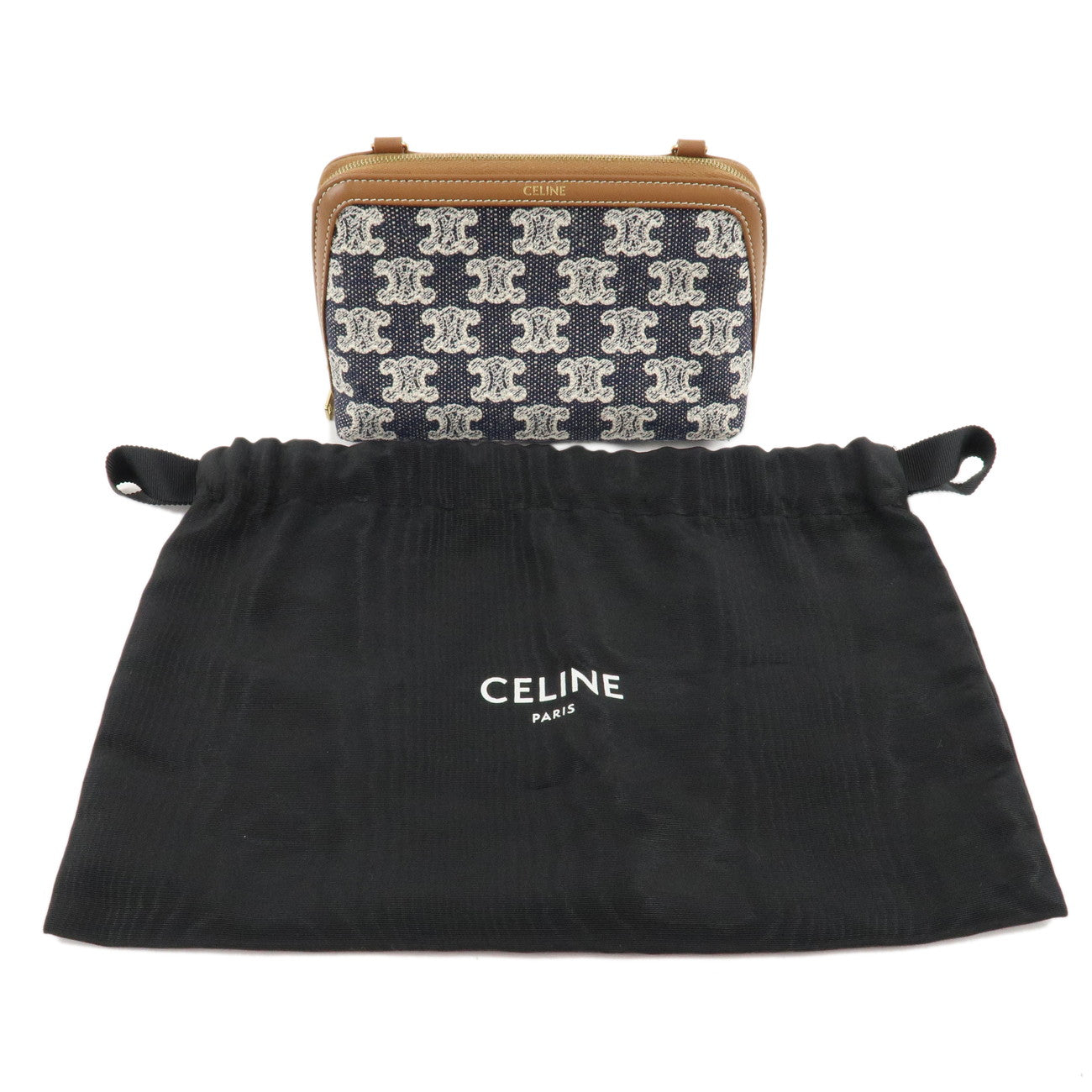 CELINE Macadam Denim Leather Chain Shoulder Pouch Navy Brown Used