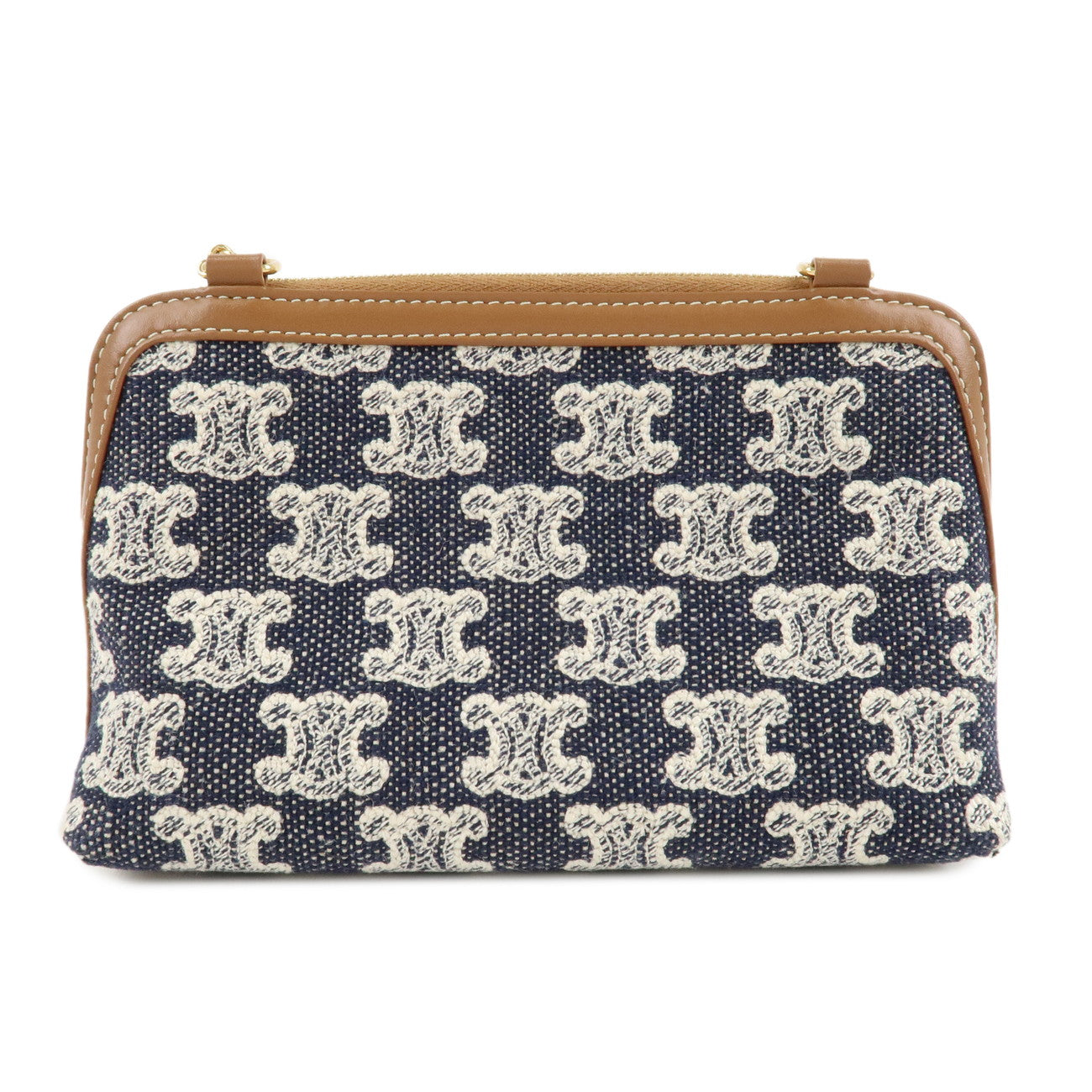 CELINE Macadam Denim Leather Chain Shoulder Pouch Navy Brown Used