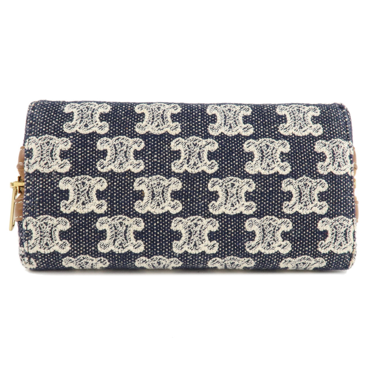 CELINE Macadam Denim Leather Chain Shoulder Pouch Navy Brown Used