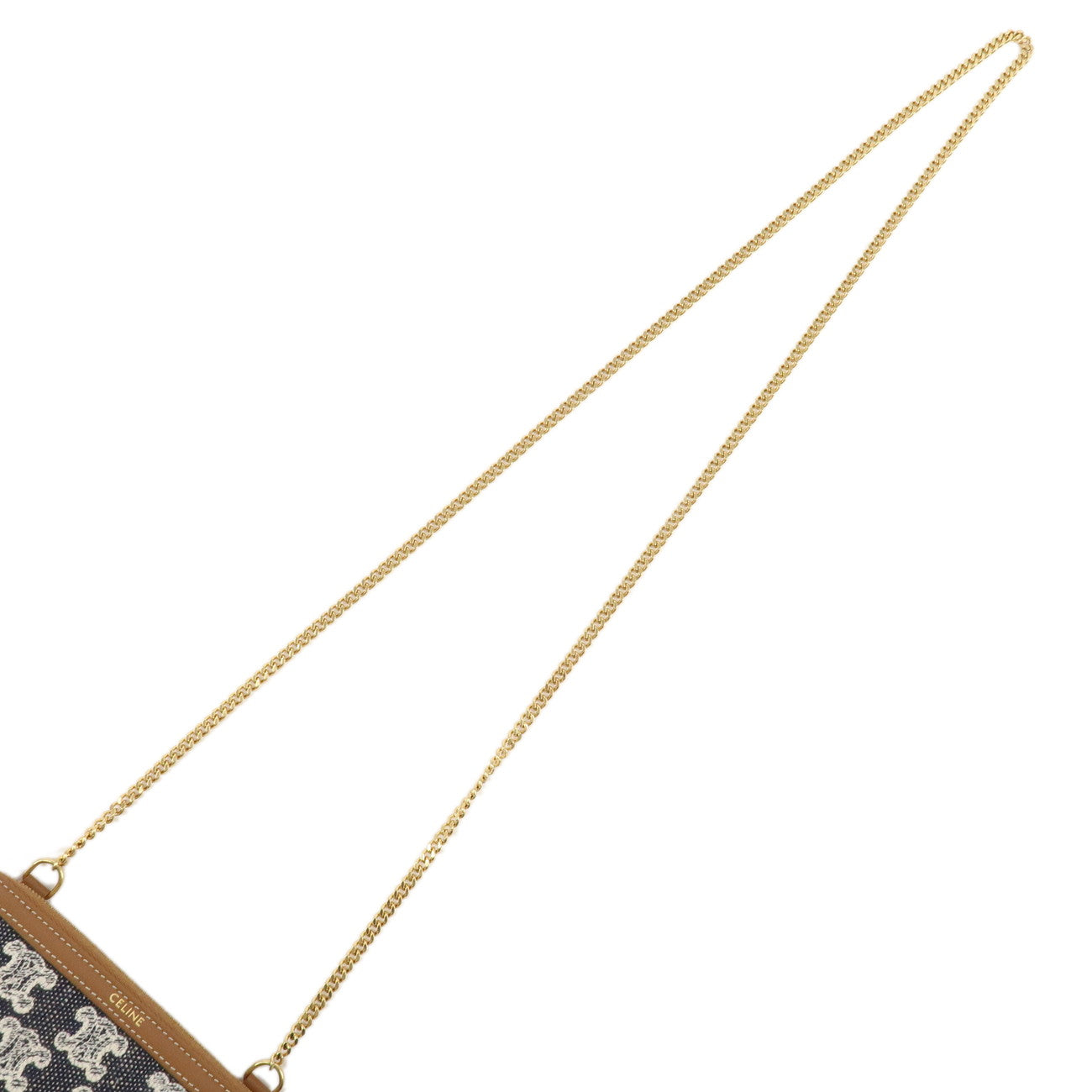 CELINE Macadam Denim Leather Chain Shoulder Pouch Navy Brown Used