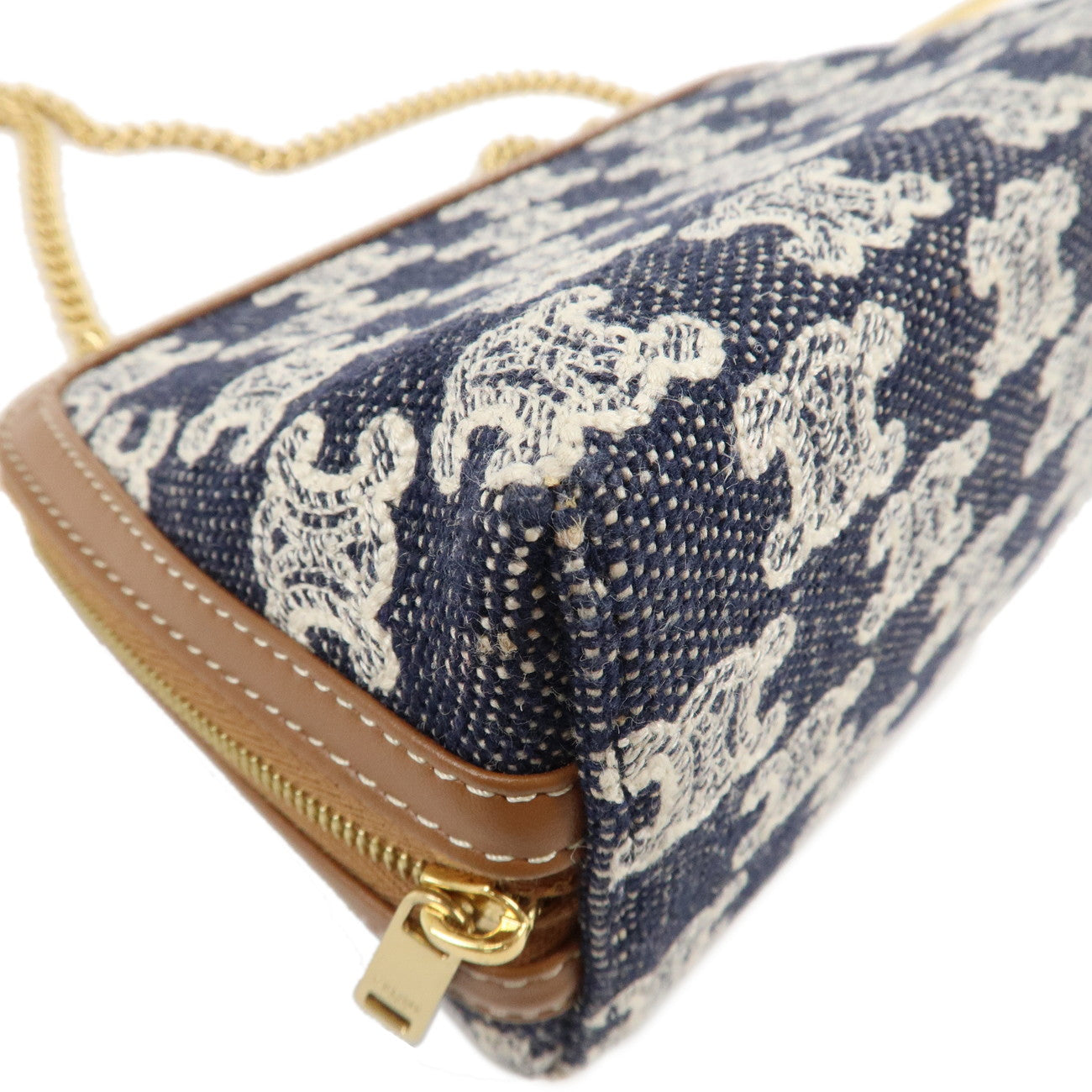 CELINE Macadam Denim Leather Chain Shoulder Pouch Navy Brown Used