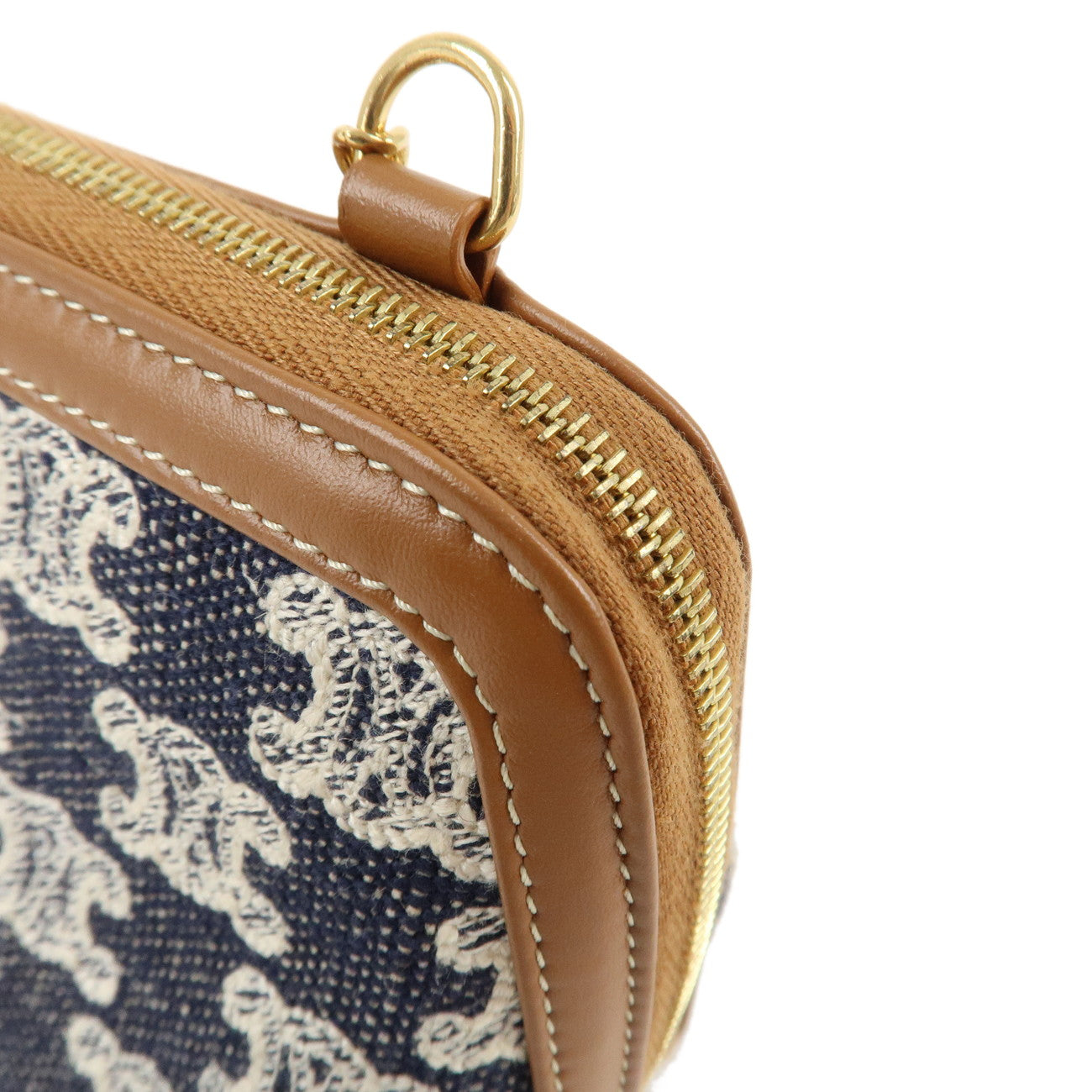 CELINE Macadam Denim Leather Chain Shoulder Pouch Navy Brown Used