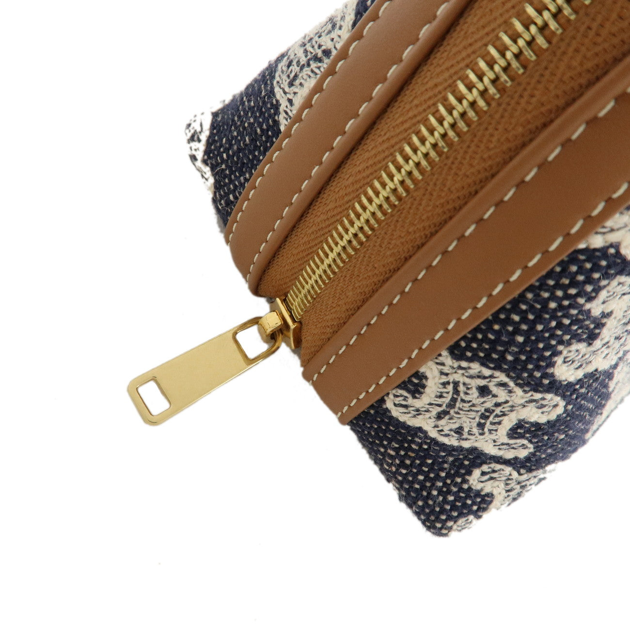 CELINE Macadam Denim Leather Chain Shoulder Pouch Navy Brown Used