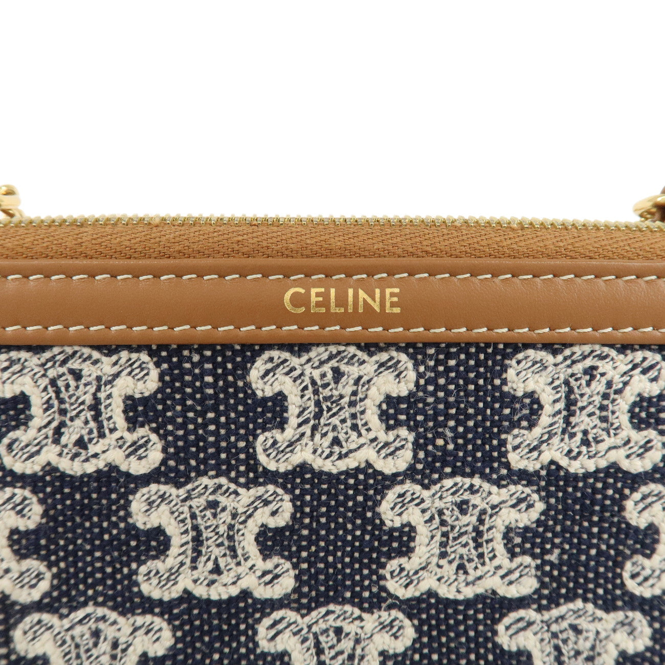 CELINE Macadam Denim Leather Chain Shoulder Pouch Navy Brown Used