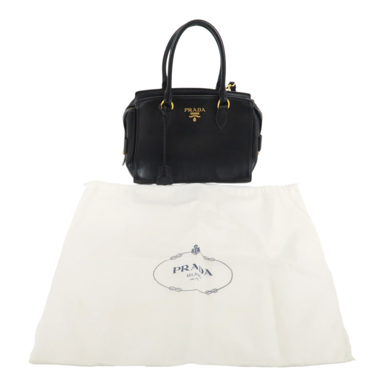 PRADA Leather 2Way Bag Hand Bag Shoulder Bag Black 1BA164 Used