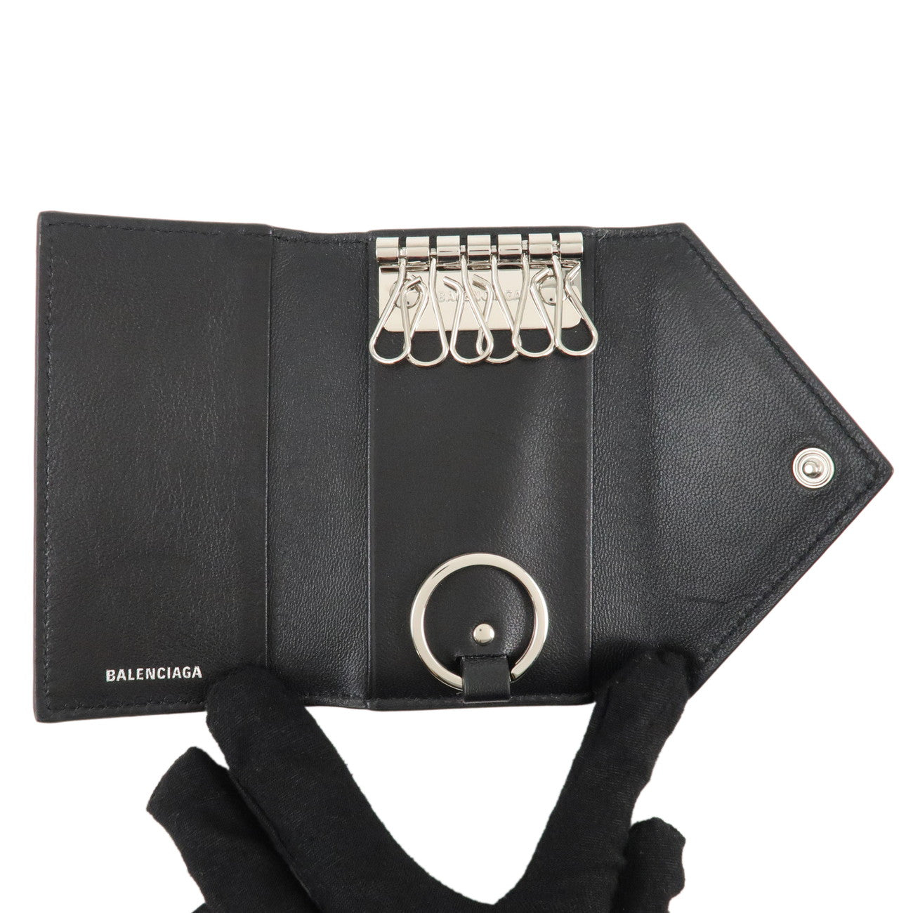 BALENCIAGA Leather 6 Key Case Star Print Black White 499204 Used