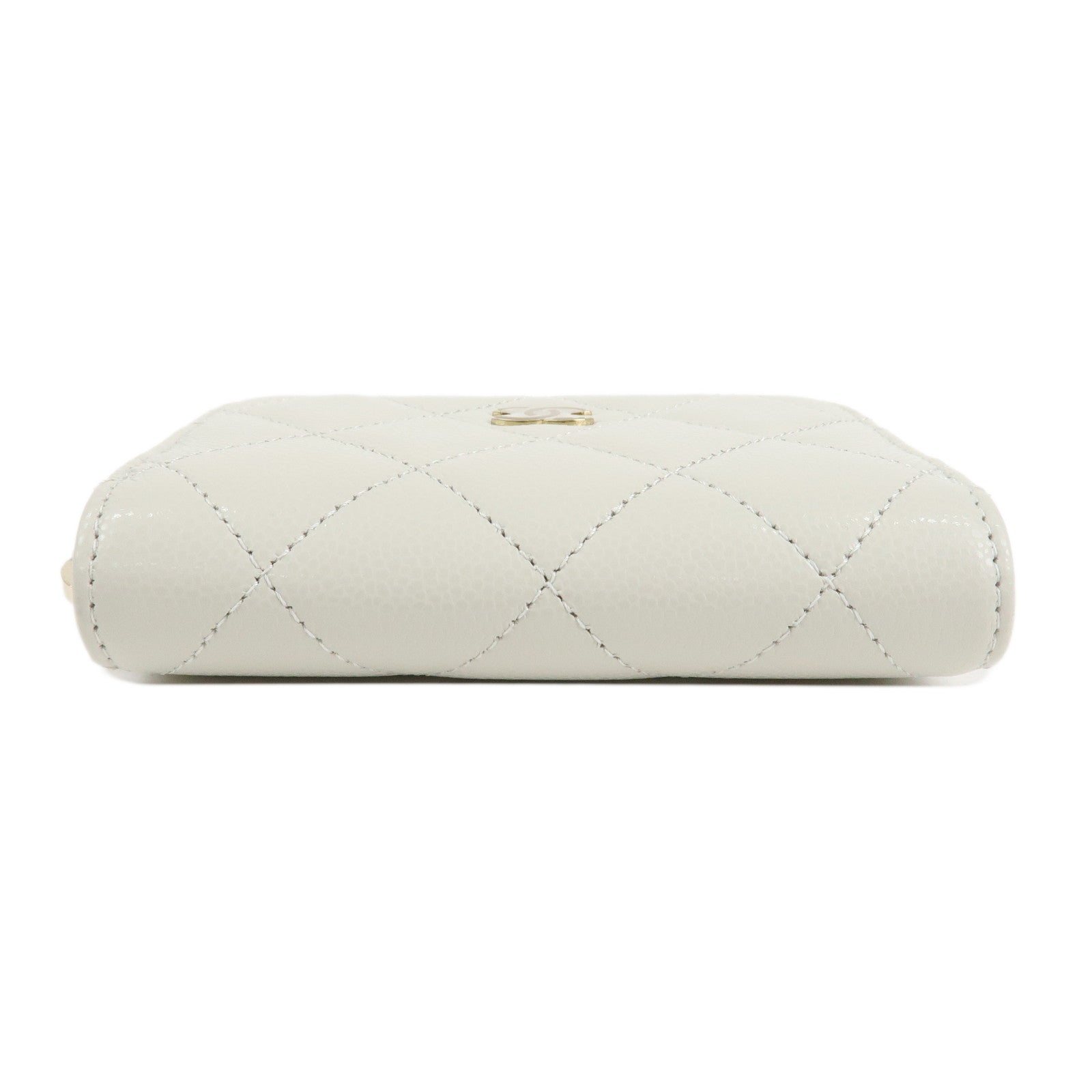 CHANEL Matelasse Caviar Skin Round Zipper Coin Case Ivory AP0216 Used