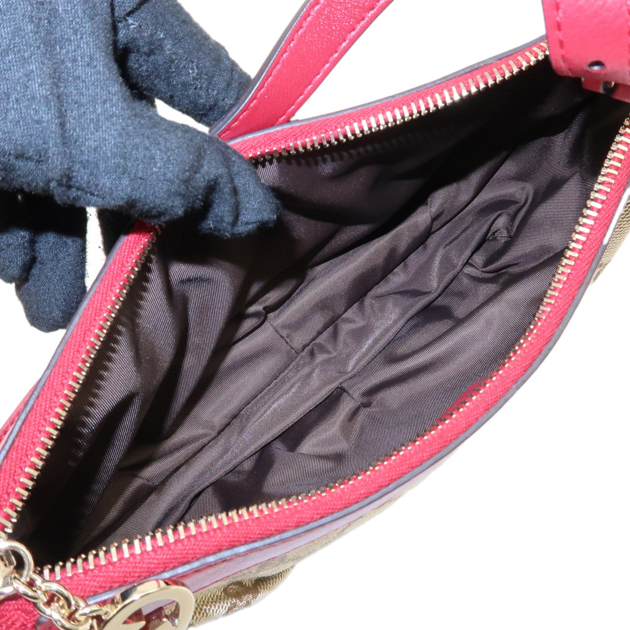 GUCCI GG Canvas Leather Hand Bag Pouch Beige Red 245938 Used