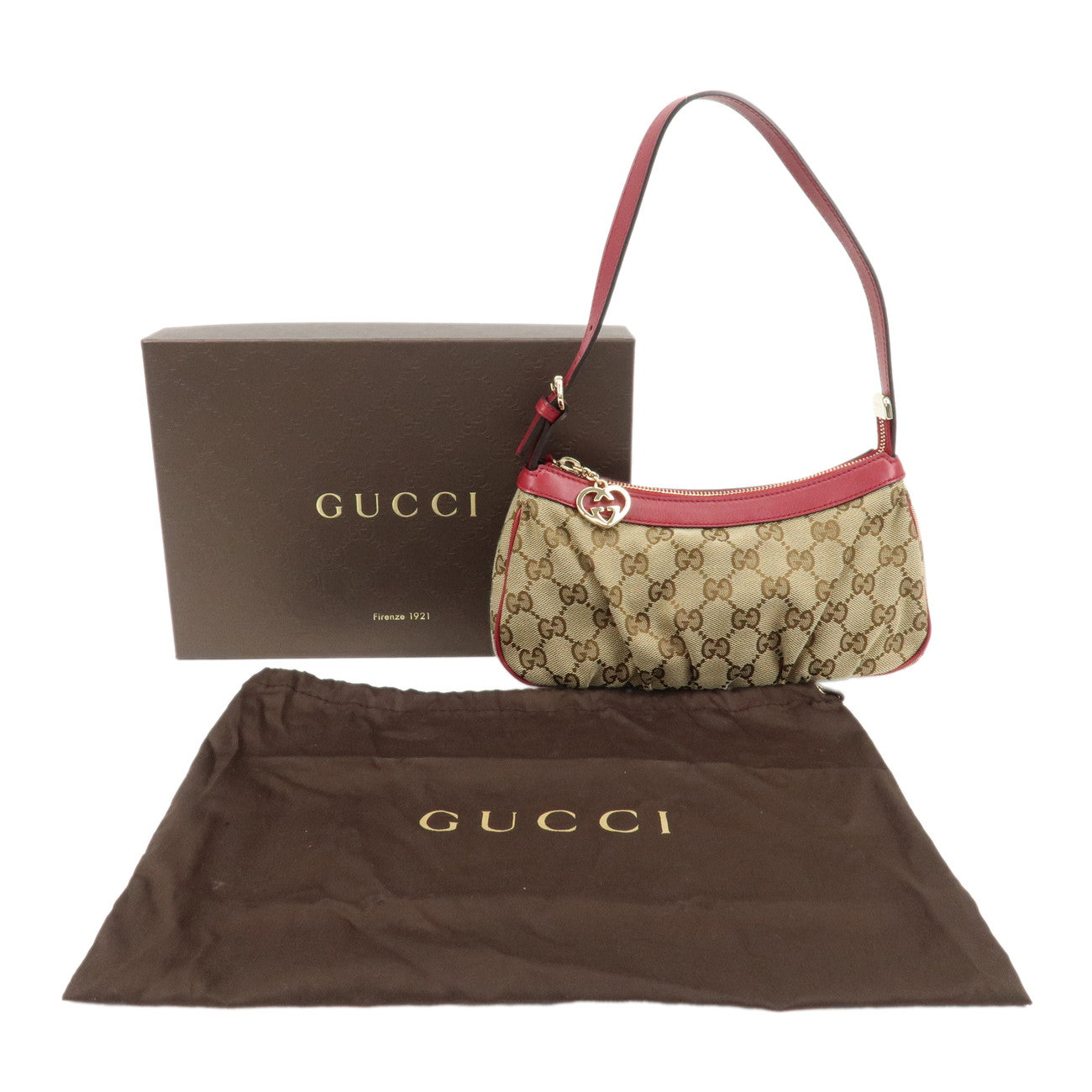 GUCCI GG Canvas Leather Hand Bag Pouch Beige Red 245938 Used