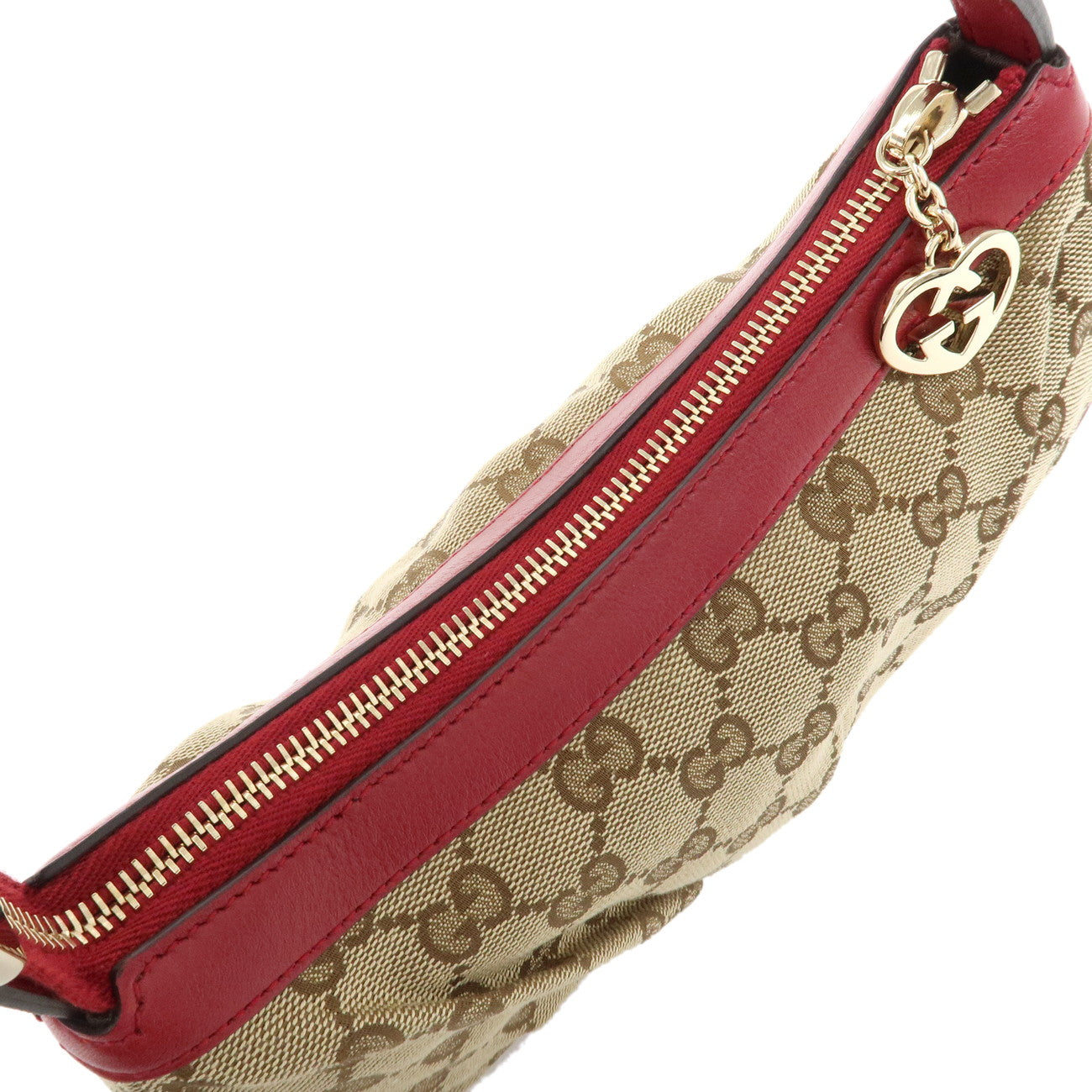 GUCCI GG Canvas Leather Hand Bag Pouch Beige Red 245938 Used