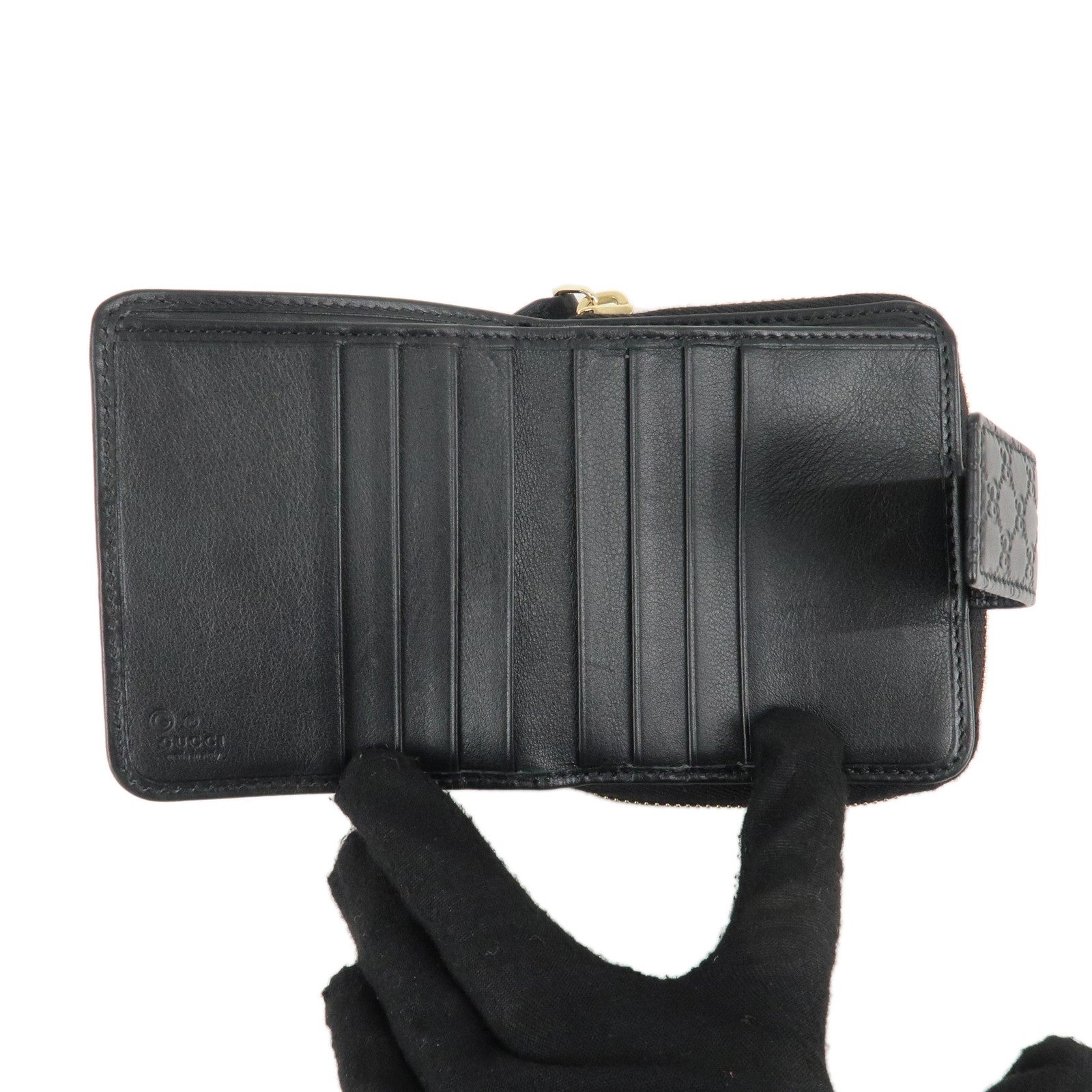 GUCCI Micro Guccissima Leather Bi-Fold Compact Wallet Black 449395 Used