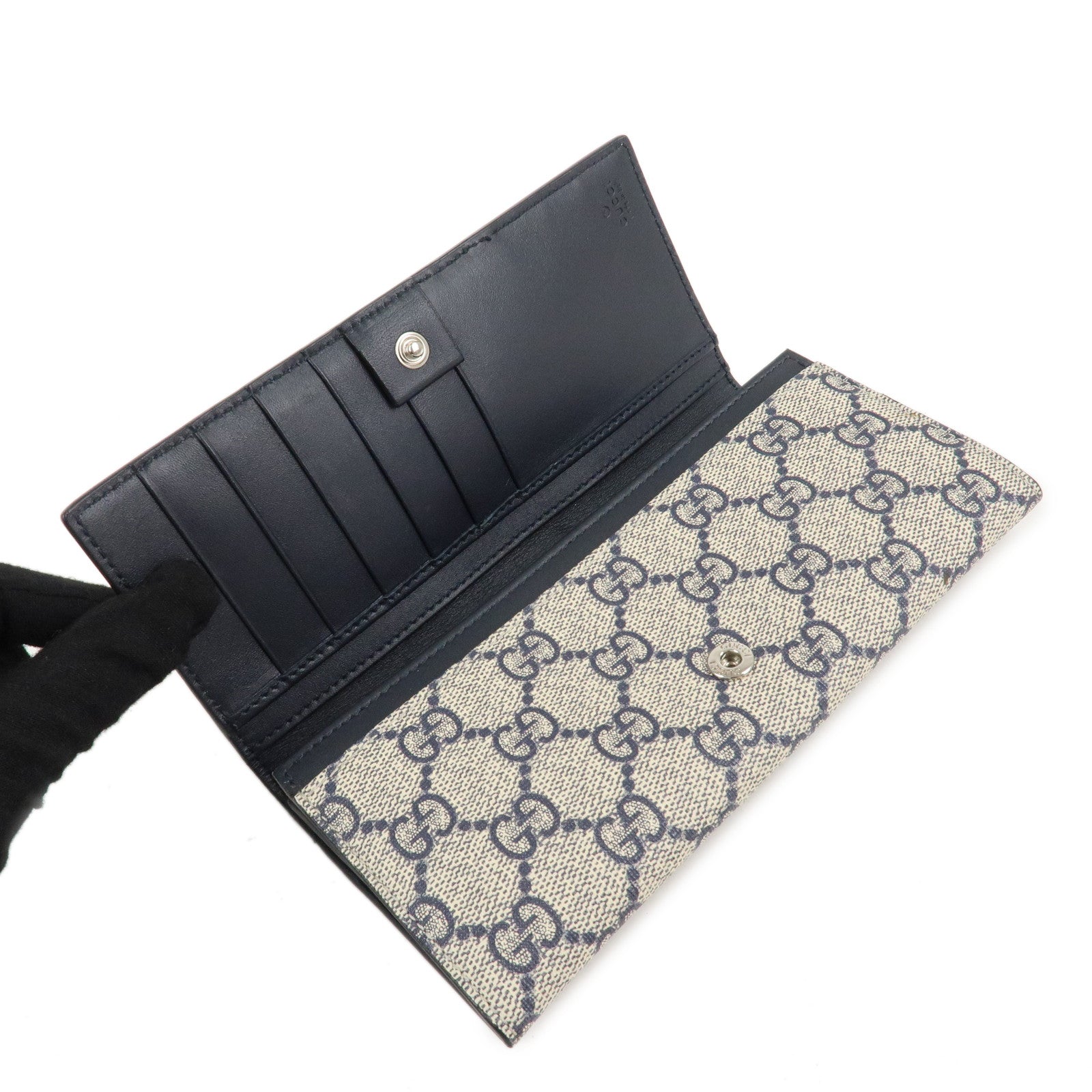 GUCCI Sherry GG Supreme Leather Bifold Long Wallet 408830 Navy Used