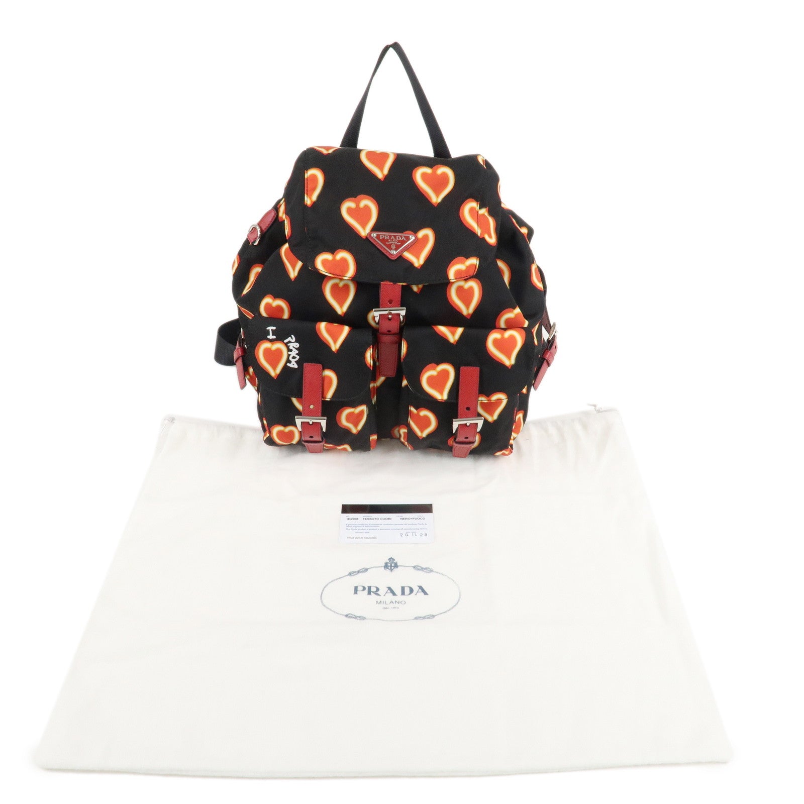 PRADA Logo Nylon Leather Heart Motif Back Pack Black 1BZ006 Used